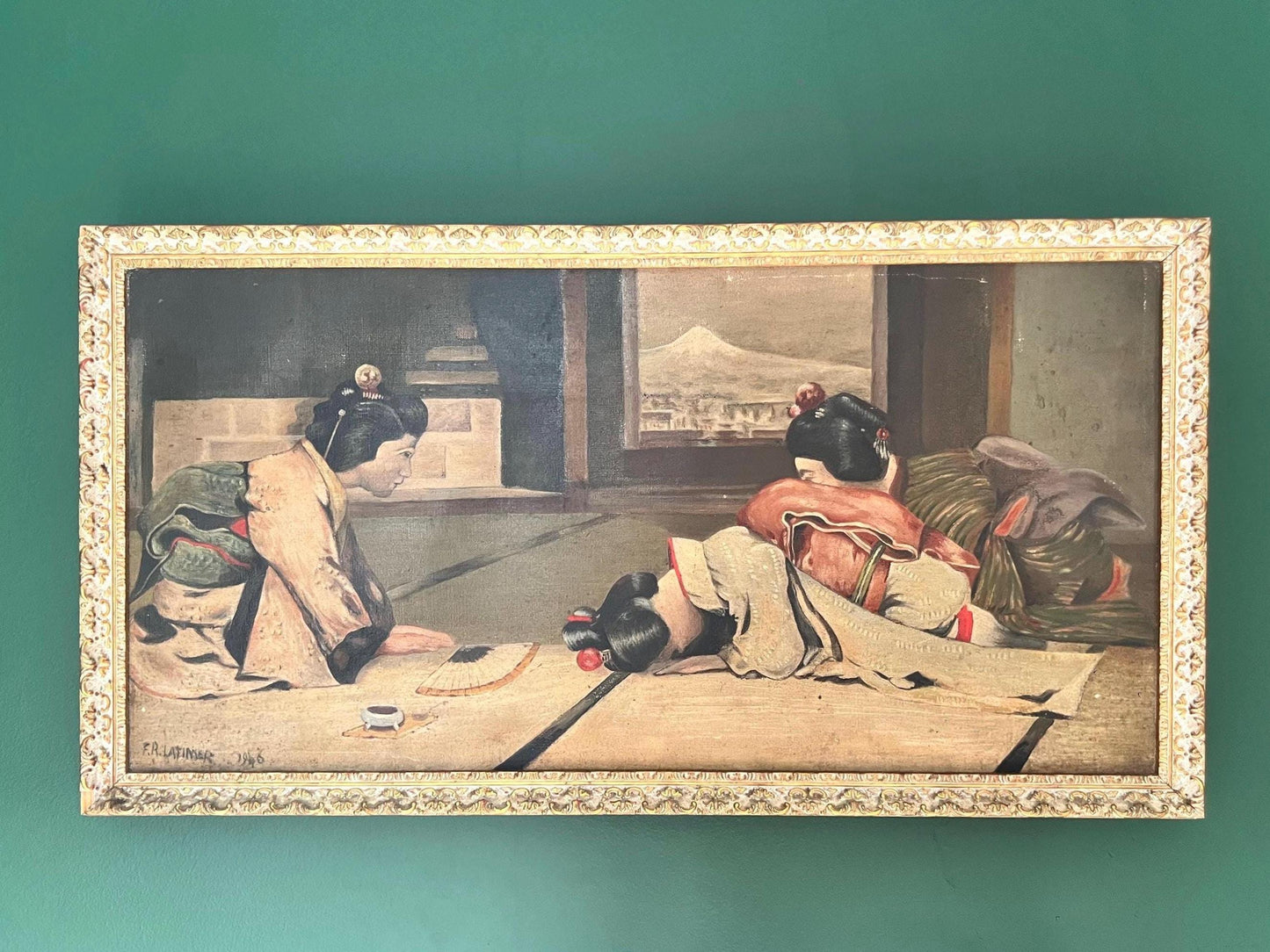 An intriguing Mid-Century oil painting of bowing Geishas by the artist F.R.Latimer signed and dated 1946