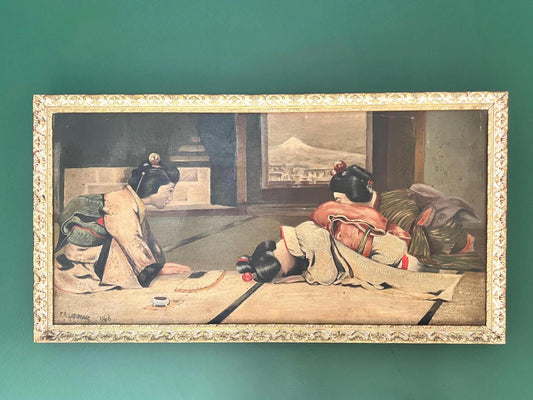 An intriguing Mid-Century oil painting of bowing Geishas by the artist F.R.Latimer signed and dated 1946