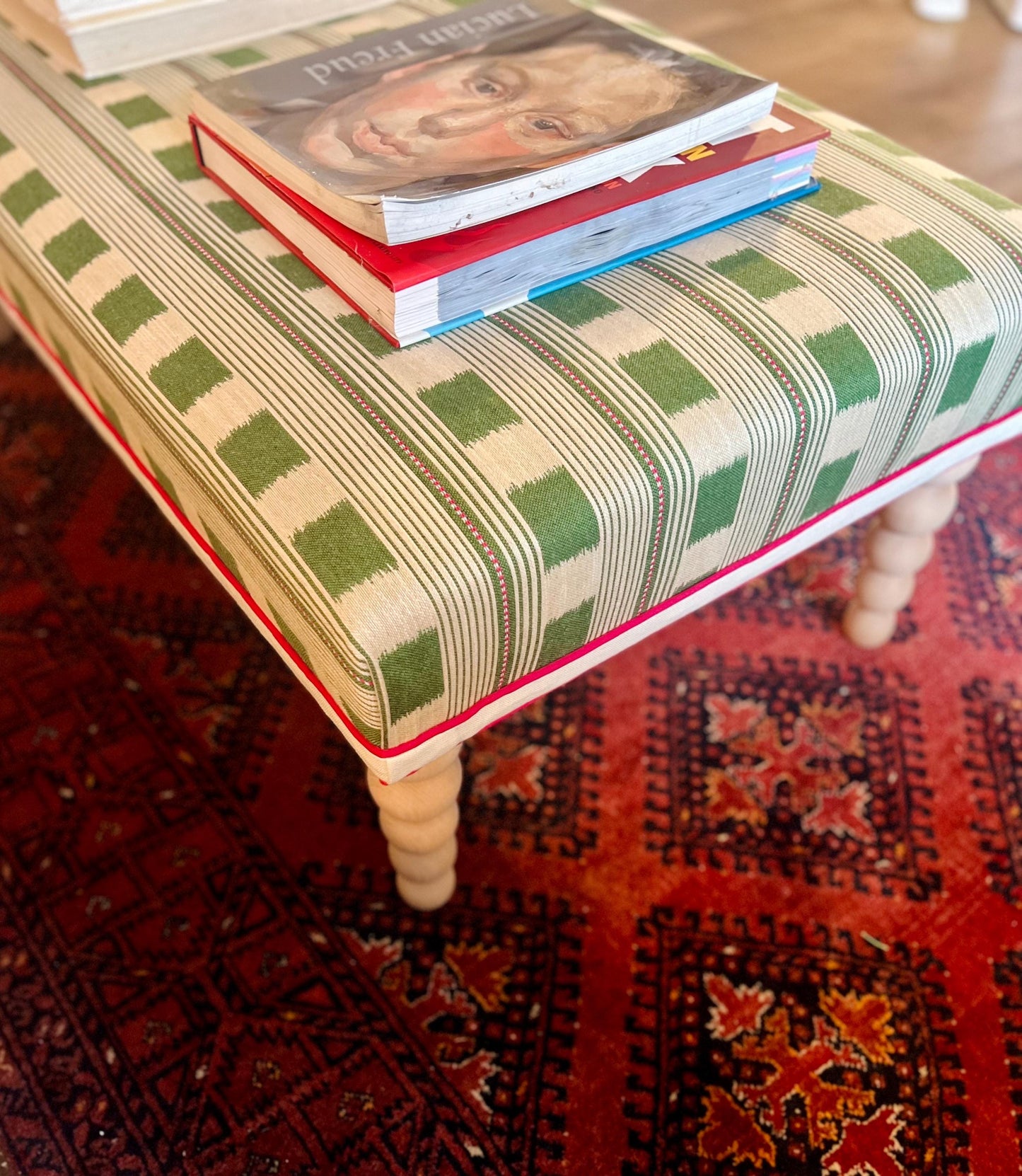 Bespoke Christopher Farr Cloth piped ottoman footstool in "Lost and Found" fabric by Kit Kemp