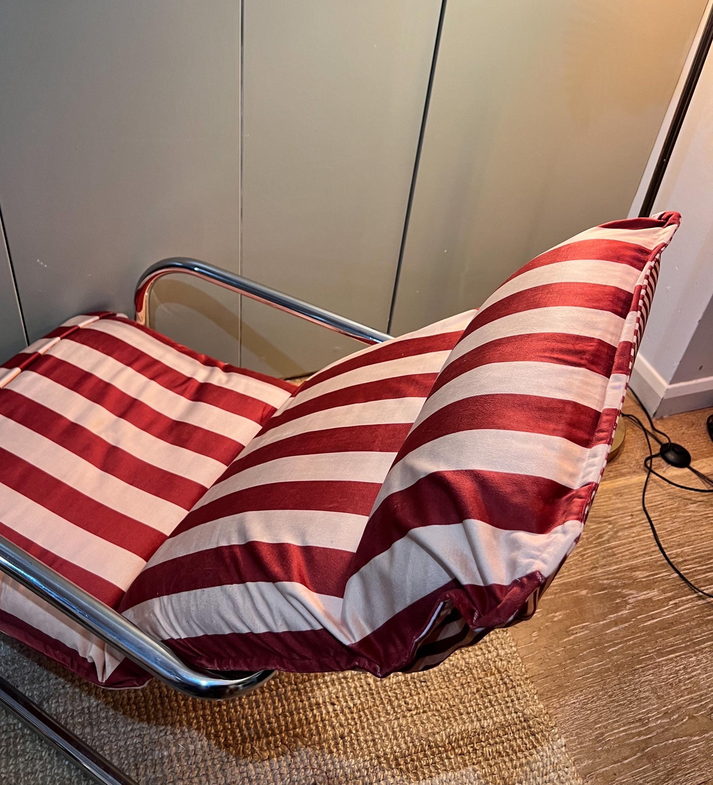 Vintage c1970s chrome armchair newly reupholstered in Colours Of Arly Striped velvet in maroon and Alderley Edge