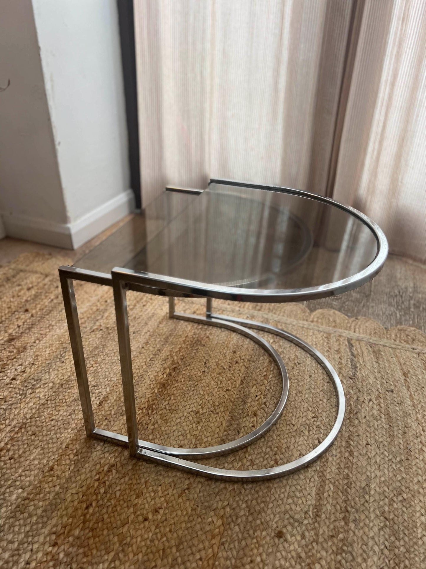 c1970s Vico Magistretti Half Moon Chrome and Smoked Glass Nest of Tables.