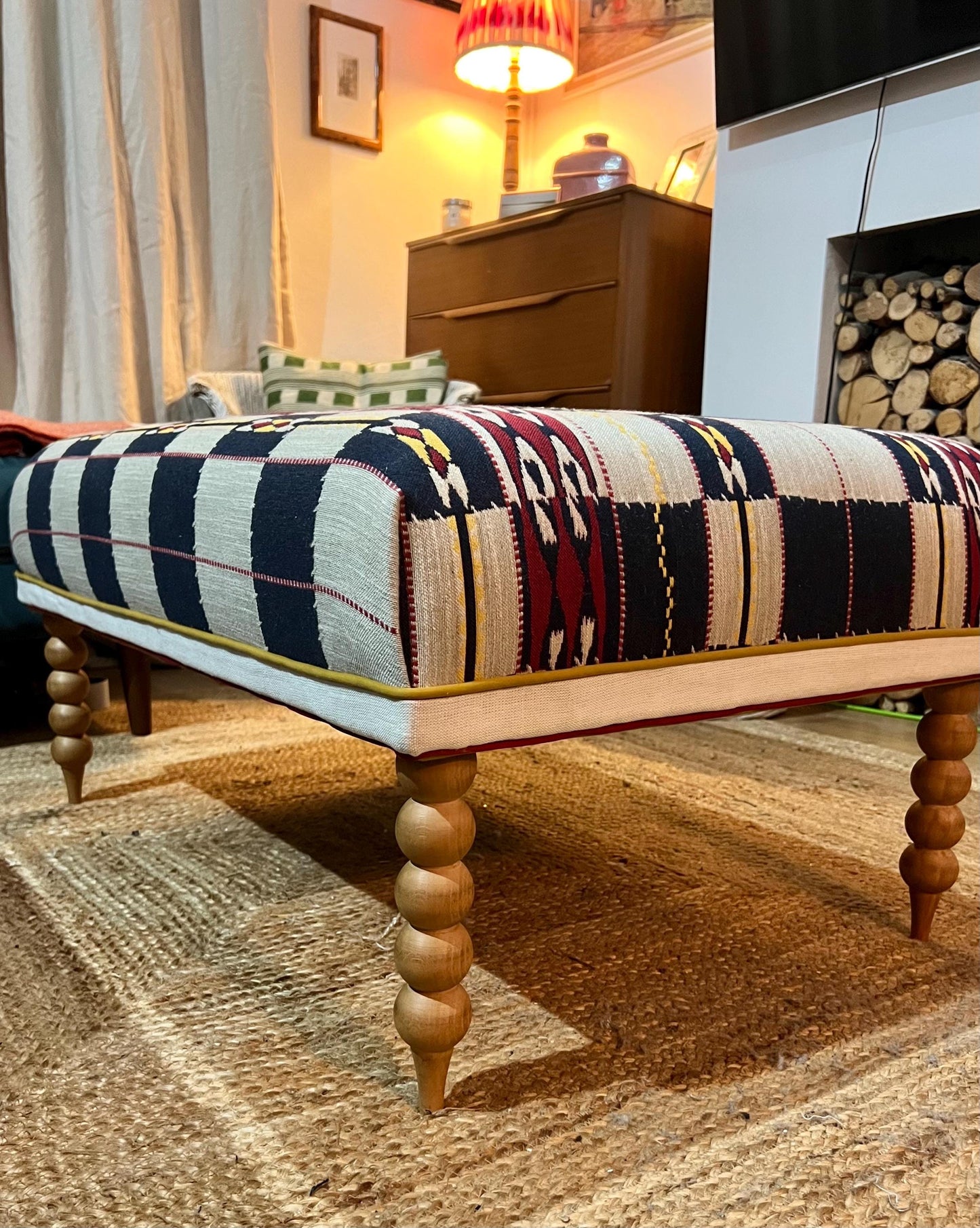 Bespoke Christopher Farr Cloth upholstered Ottoman footstool in "Chubby Check" fabric by Kit Kemp