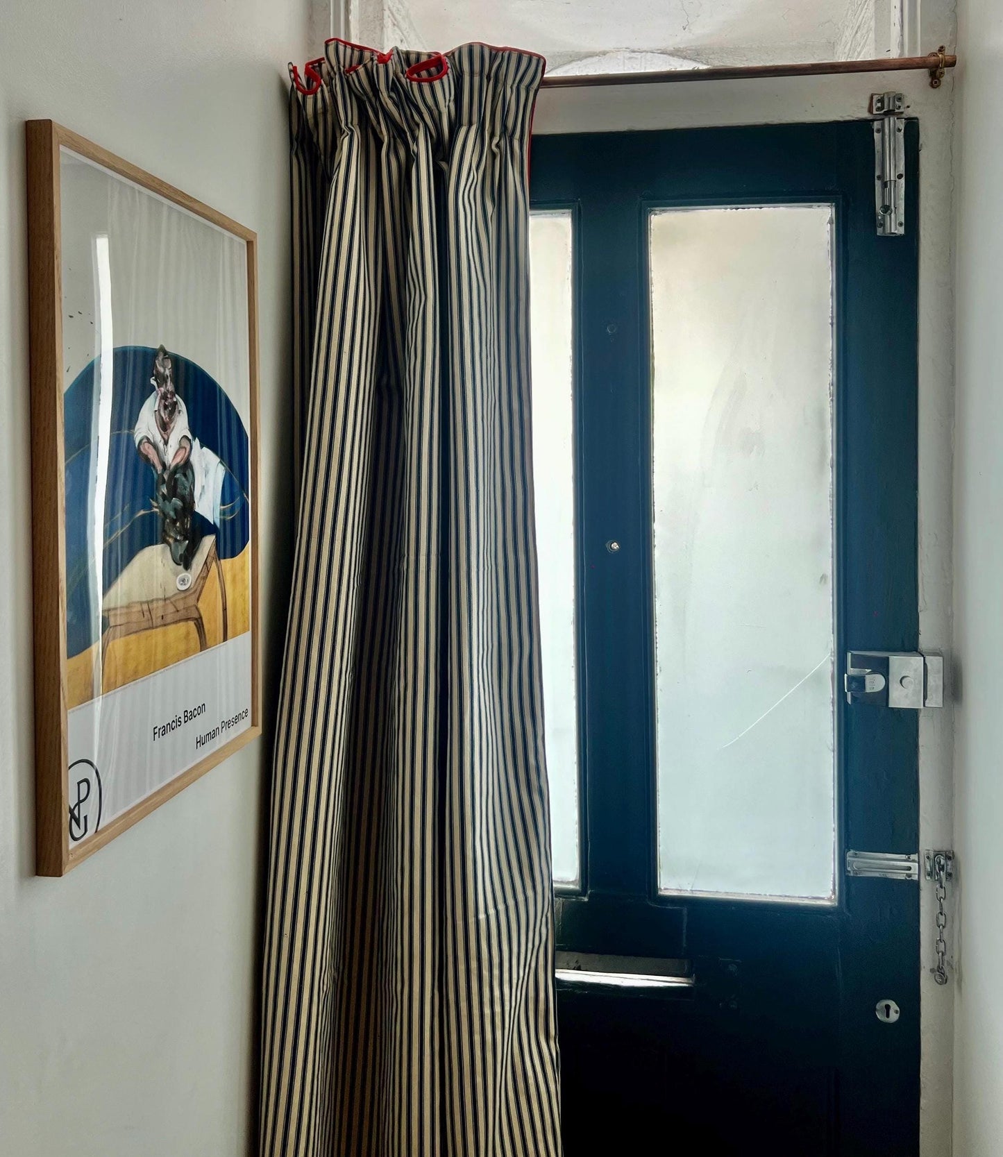 Ticking stripe thermal door curtain fully interlined in a range of colours and sizes
