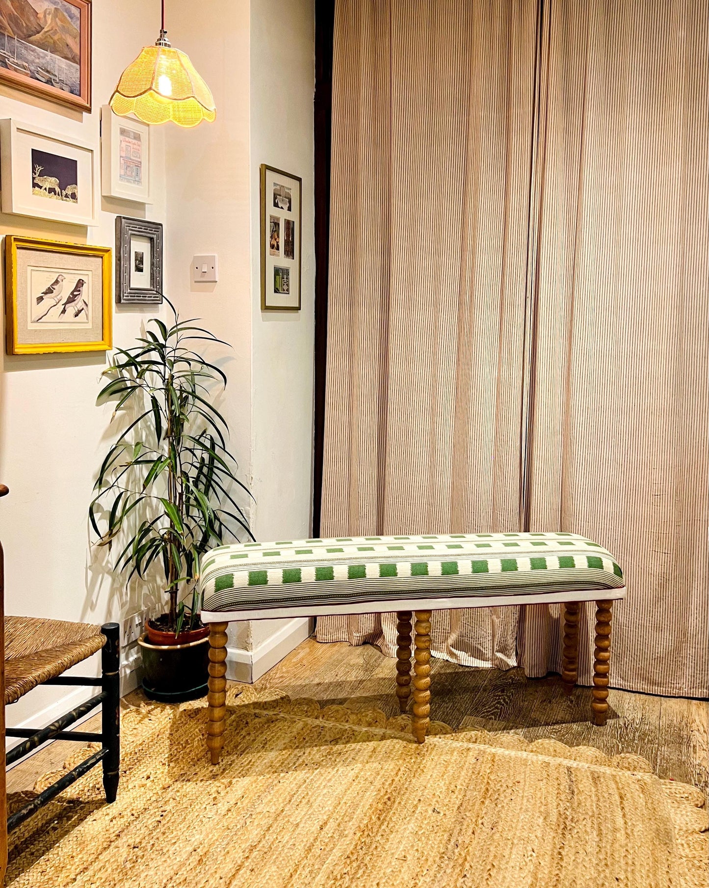 Bespoke Christopher Farr Cloth upholstered bench in “Lost and Found” fabric by Kit Kemp