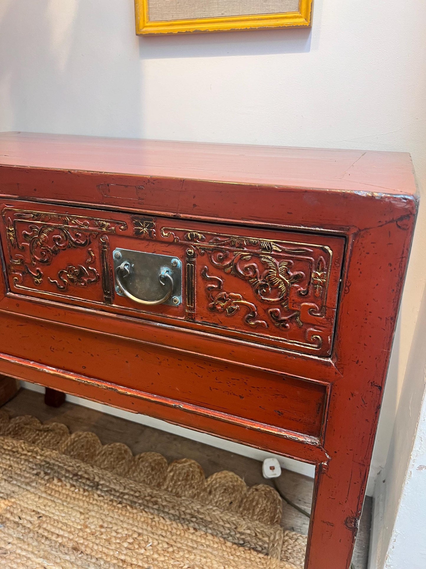 Stunning vintage oriental burnt orange lacquered console table with two drawers