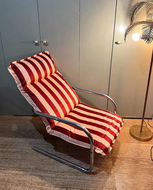 Vintage c1970s chrome armchair newly reupholstered in Colours Of Arly Striped velvet in maroon and Alderley Edge