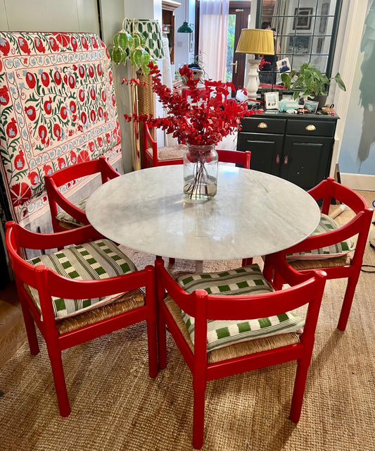 8 Vico Magistretti c1960s Carimate chairs professionally refurbished in classic RAL 3000 RED with rush seats - price is per chair