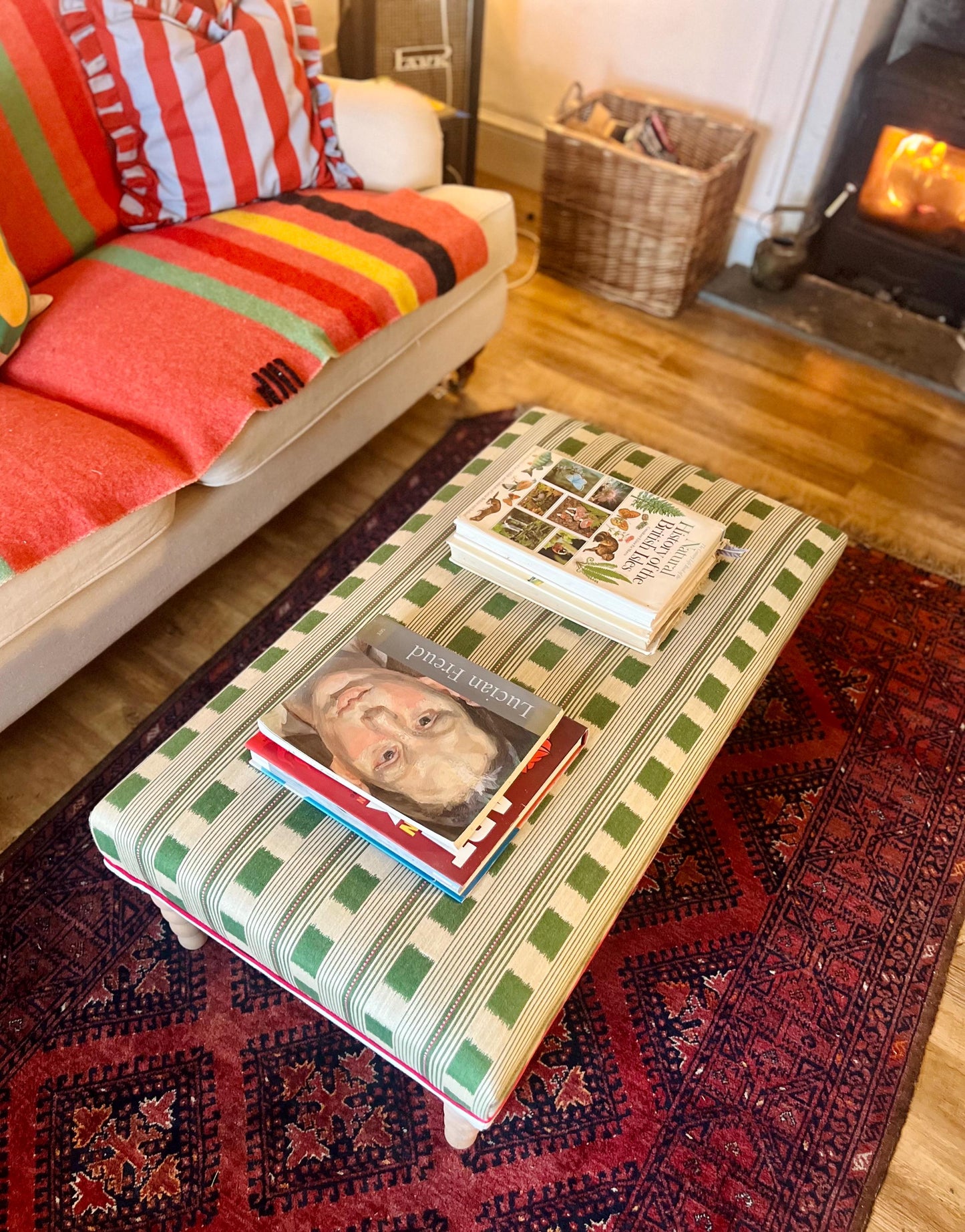 Bespoke Christopher Farr Cloth piped ottoman footstool in "Lost and Found" fabric by Kit Kemp