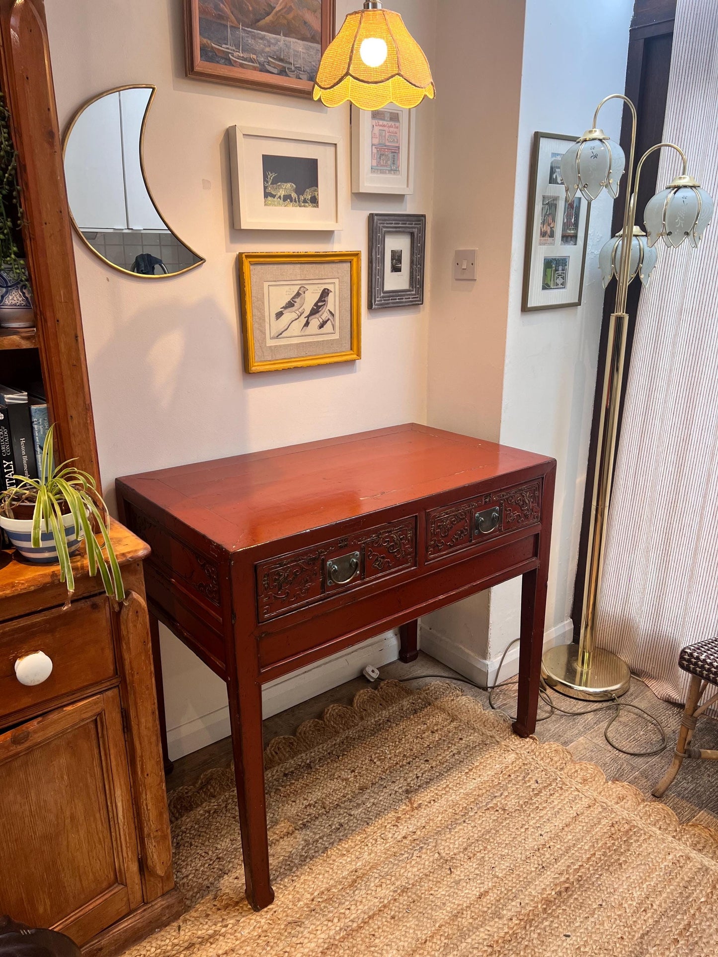 Stunning vintage oriental burnt orange lacquered console table with two drawers