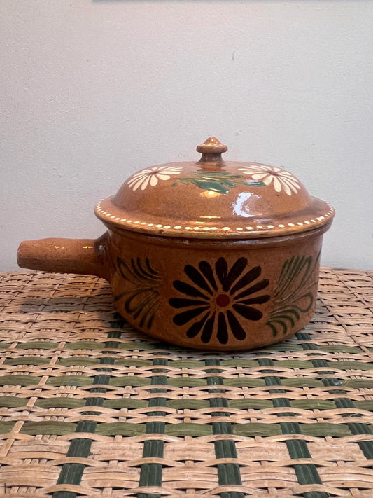 Charming vintage hand painted glazed casserole pot originating from South of France
