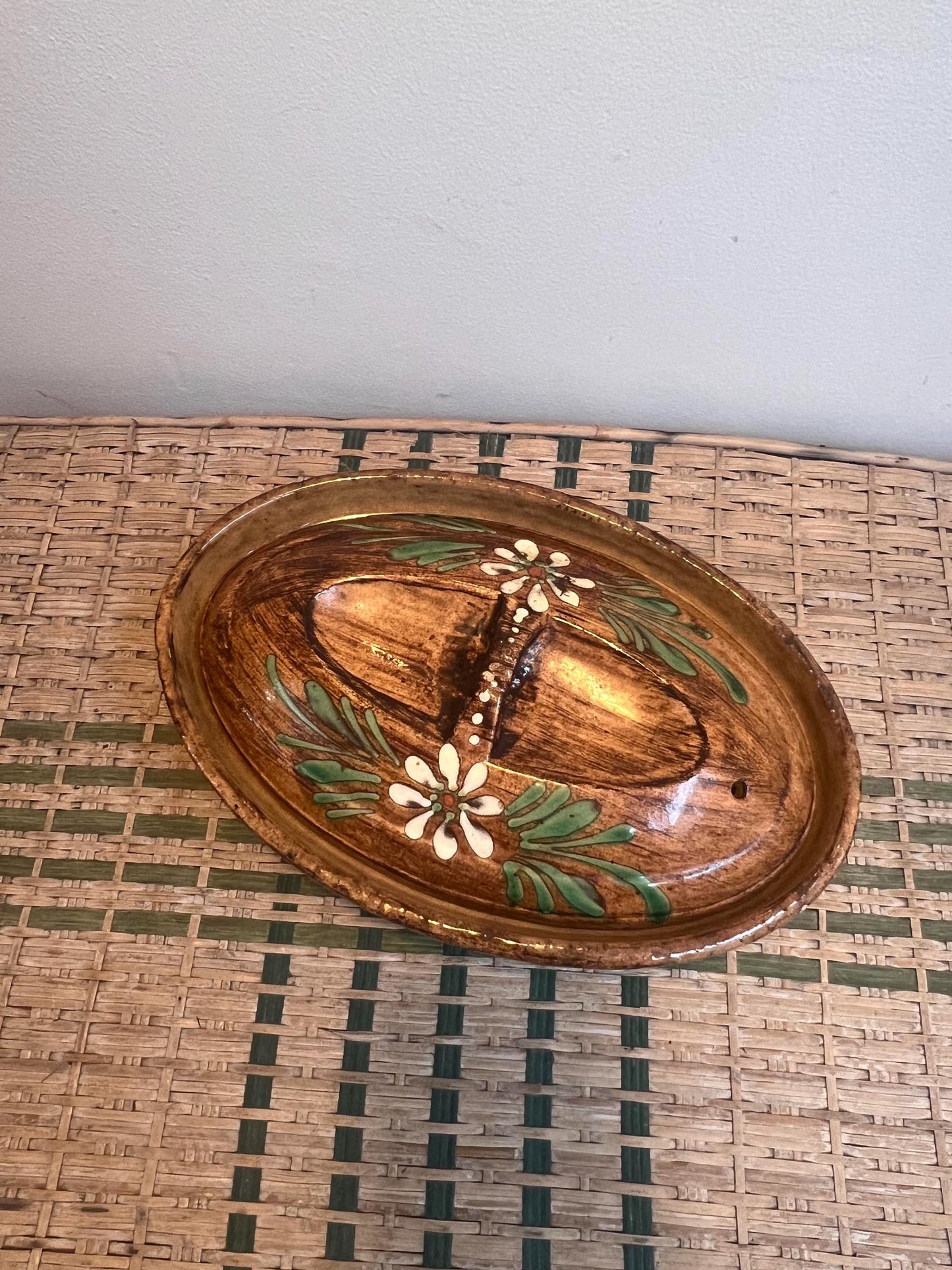 Vintage hand painted glazed casserole pot from South of France