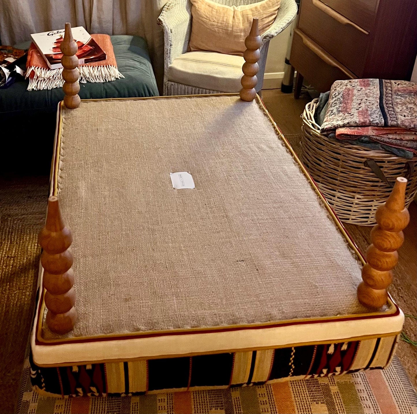 Bespoke Footstool / Ottoman in customers own fabric, custom sizes available and a choice of turned wooden legs