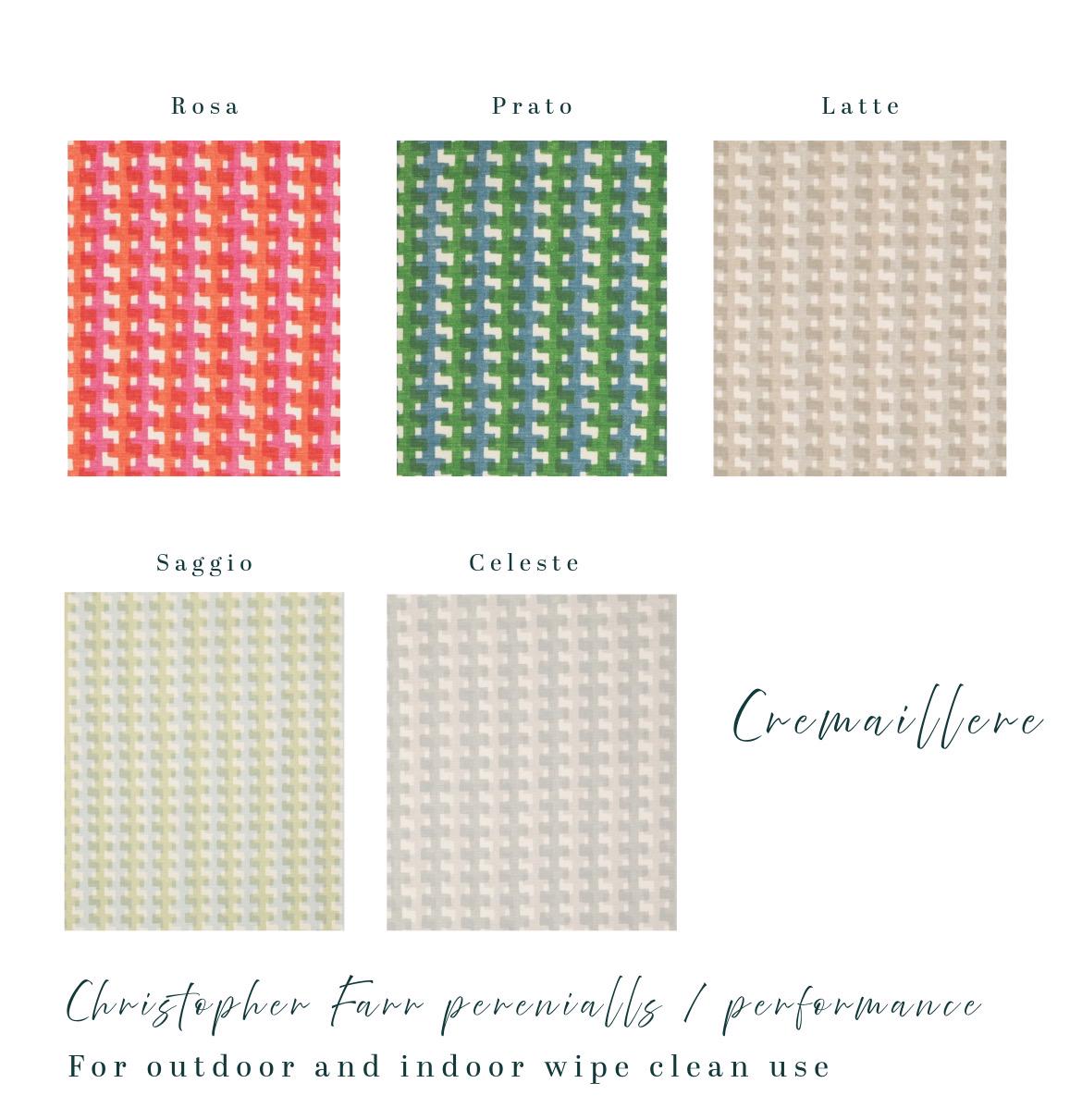 Bespoke banquette cushions in Christopher Farr Cloth premium performance fabric for indoor and outdoor use