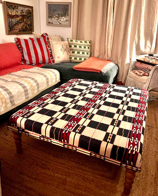 Bespoke Christopher Farr Cloth upholstered Ottoman footstool in "Chubby Check" fabric by Kit Kemp