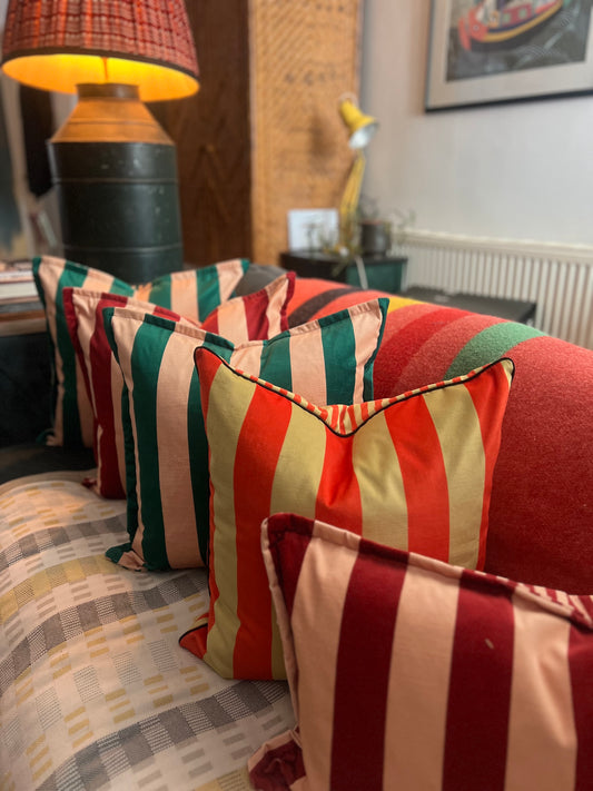 Colours Of Arley premium striped velvet designer cushions with French seam in a choice of colours.