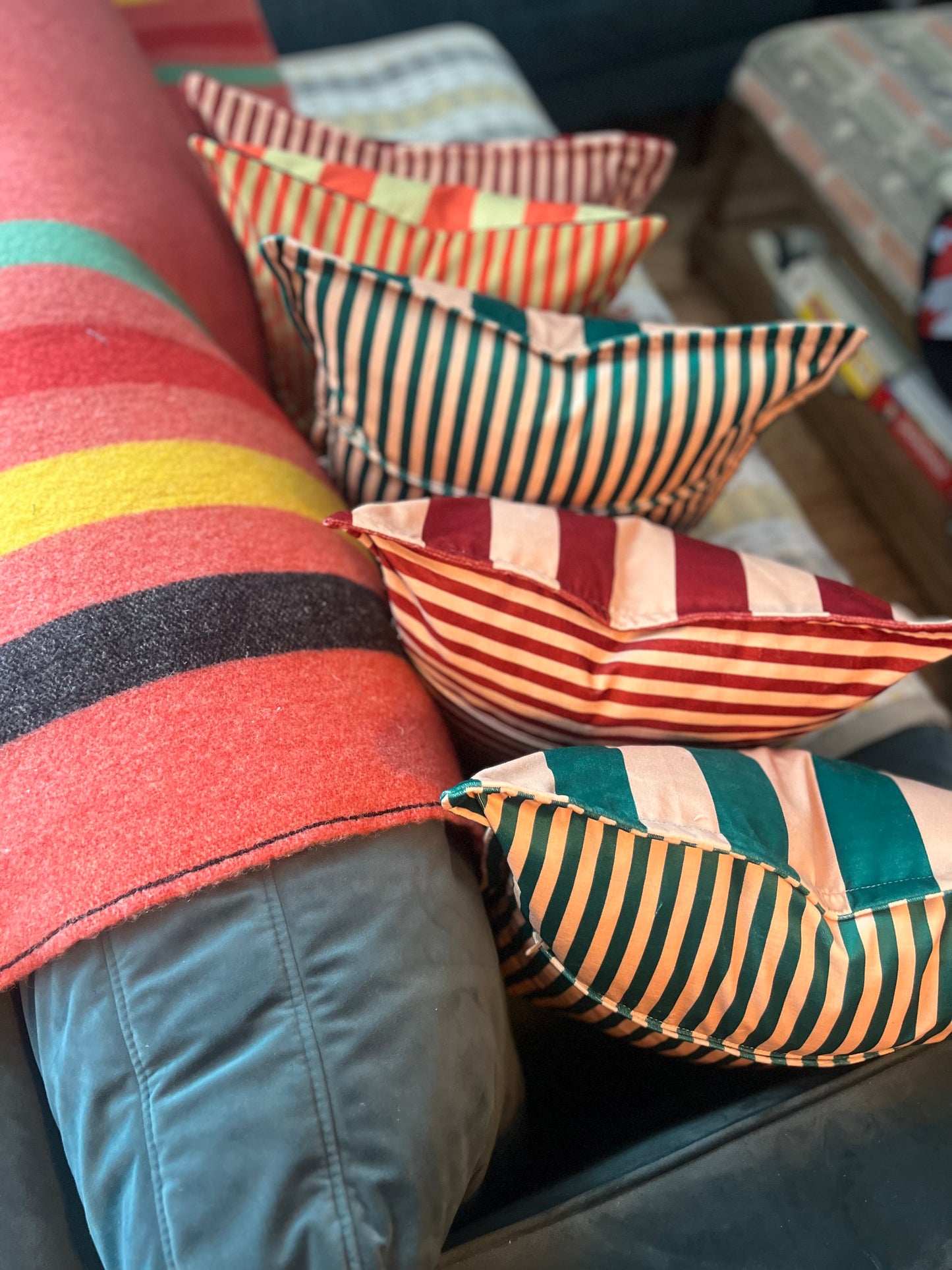 Colours Of Arley premium striped velvet designer cushions with French seam in a choice of colours.