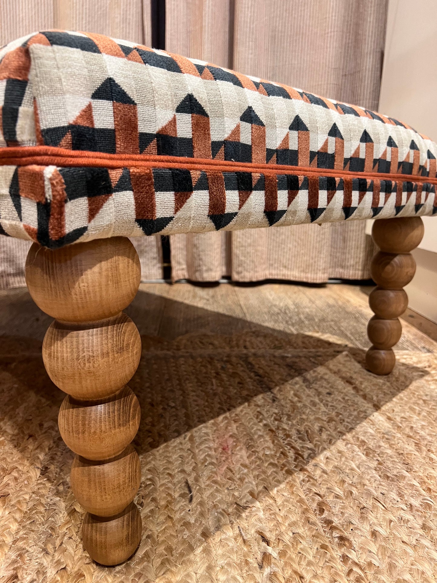 Bespoke Kirkby Design "Piccadilly" Ottoman footstool in custom sizes and a choice of contrasting piping and turned legs