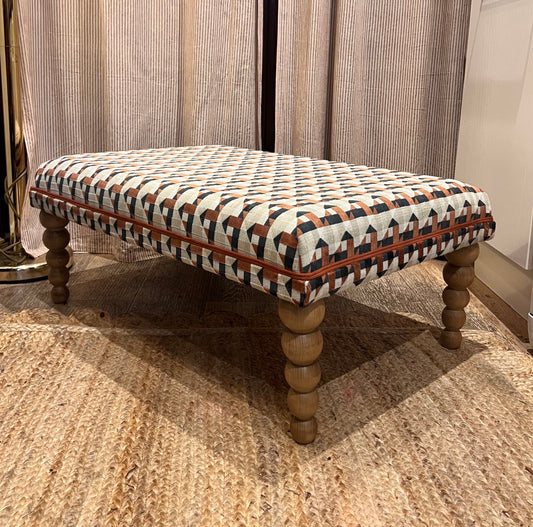 Bespoke Kirkby Design "Piccadilly" Ottoman footstool in custom sizes and a choice of contrasting piping and turned legs