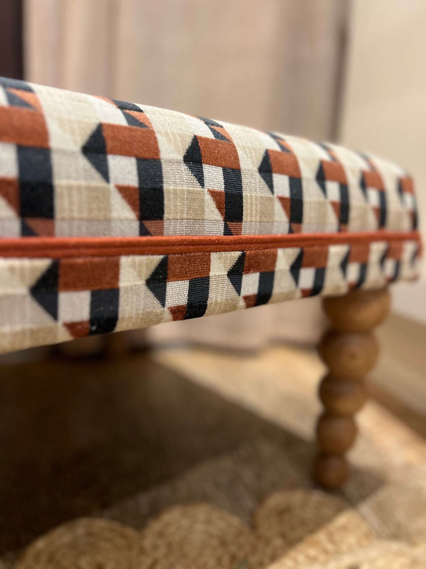 Bespoke Footstool / Ottoman in customers own fabric, custom sizes available and a choice of turned wooden legs