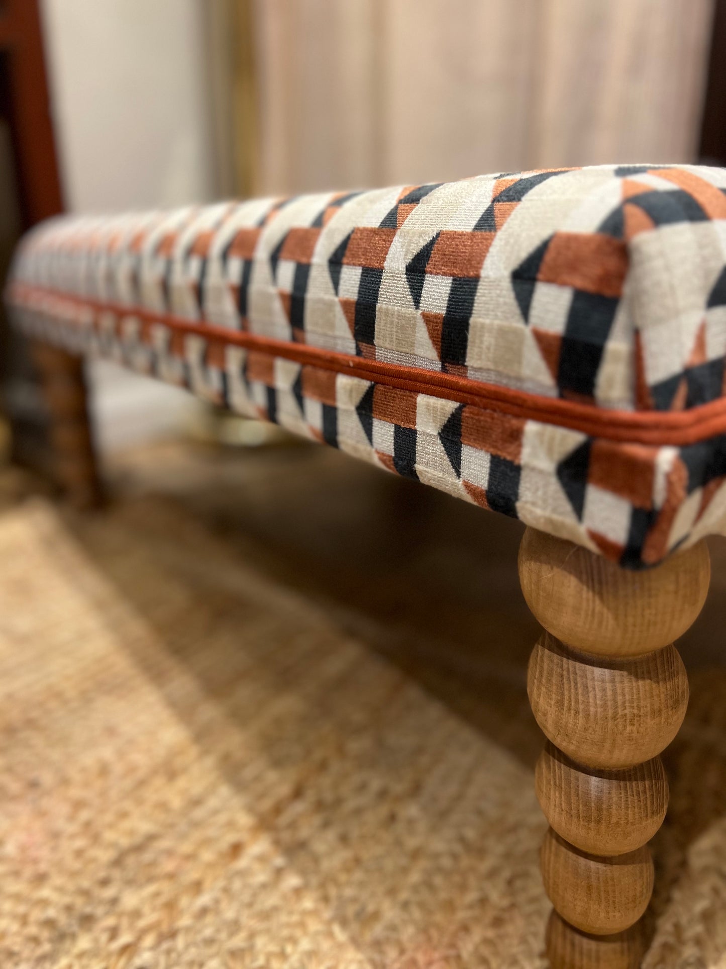 Bespoke Kirkby Design "Piccadilly" Ottoman footstool in custom sizes and a choice of contrasting piping and turned legs