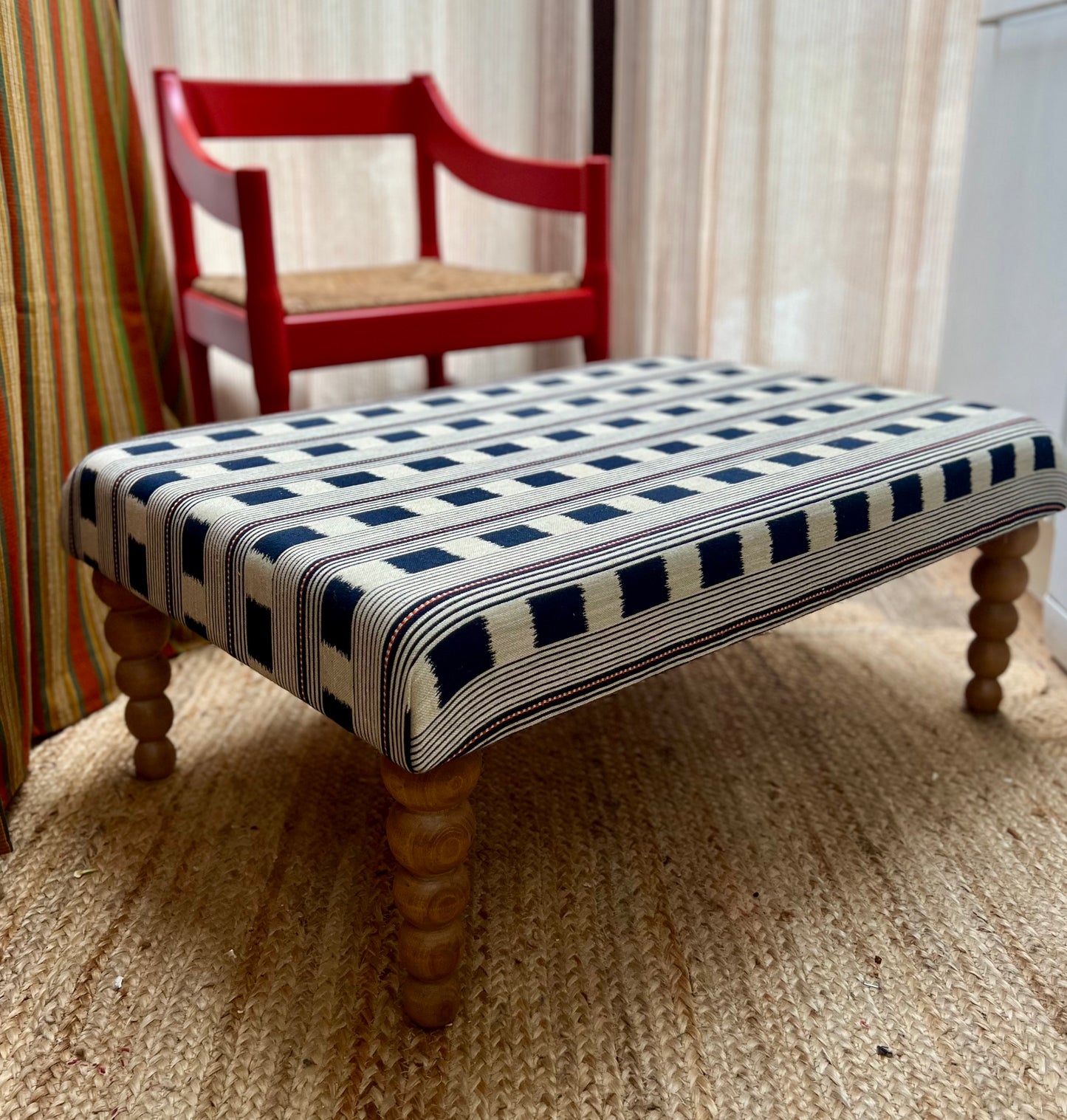 Bespoke Christopher Farr Cloth piped ottoman footstool in "Lost and Found" fabric by Kit Kemp