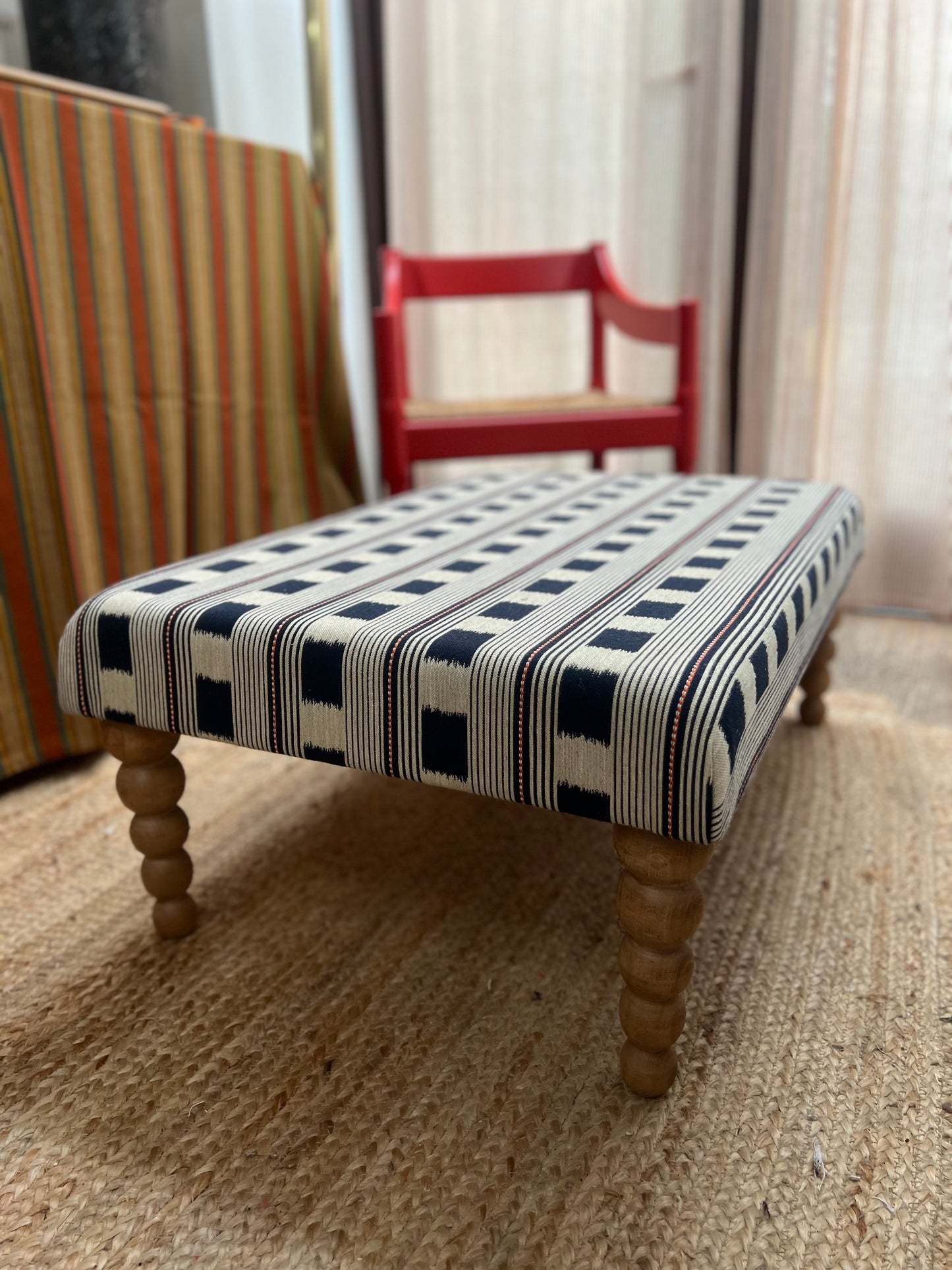 Bespoke Christopher Farr Cloth piped ottoman footstool in "Lost and Found" fabric by Kit Kemp