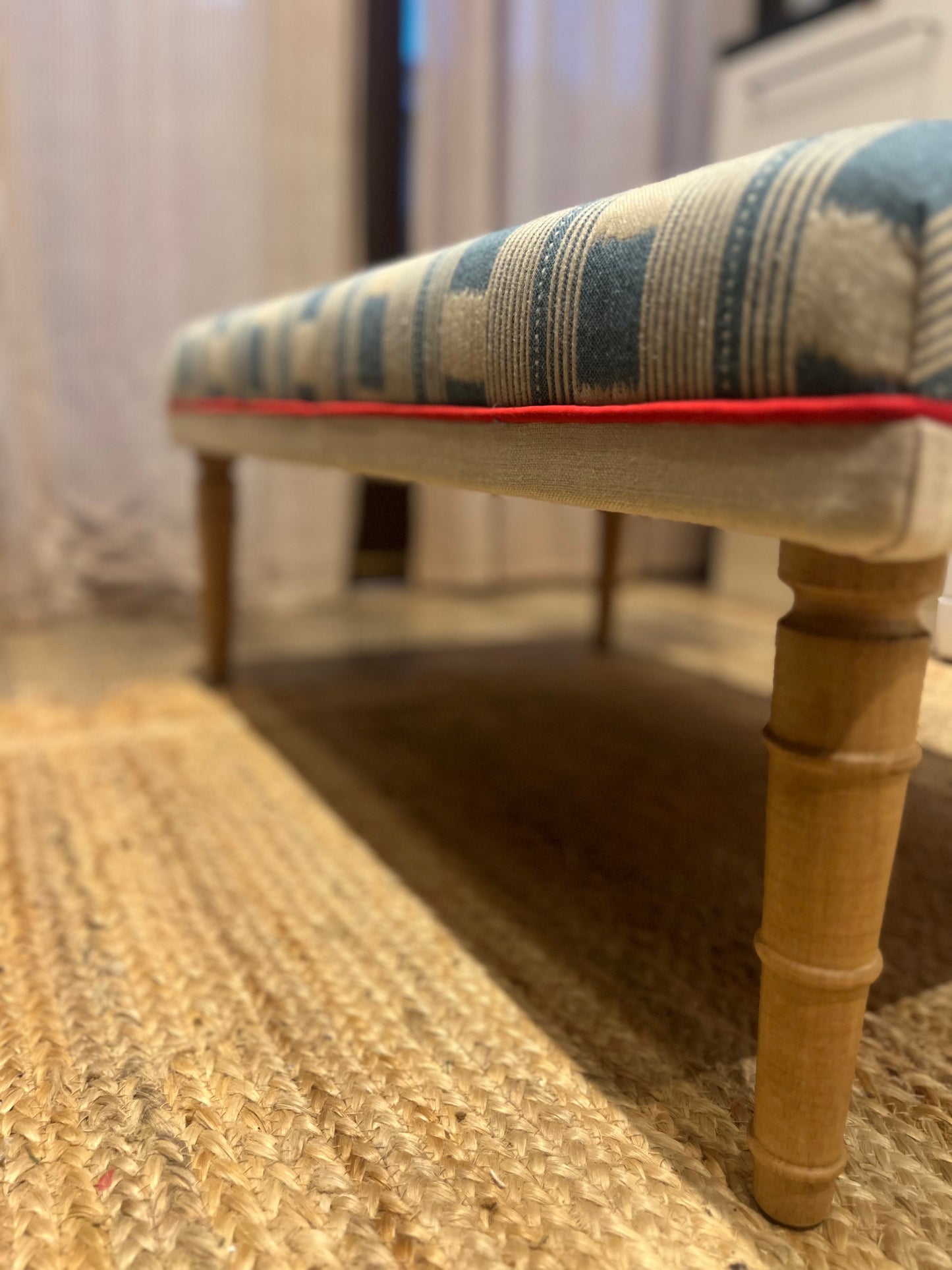 Bespoke Christopher Farr Cloth piped ottoman footstool in "Lost and Found" fabric by Kit Kemp