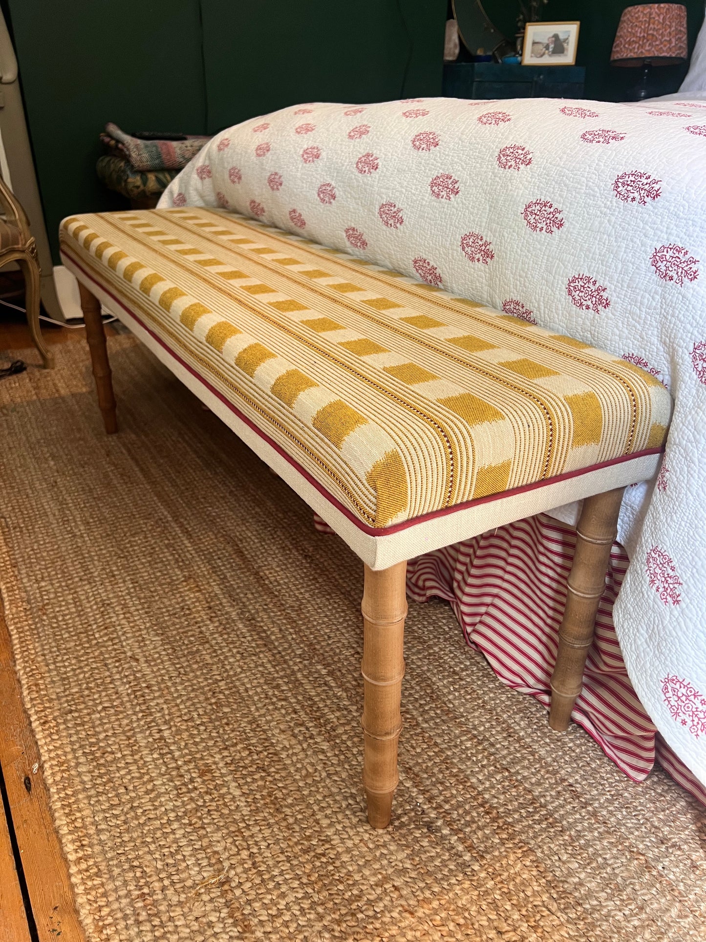 Bespoke Christopher Farr Cloth upholstered bench in “Lost and Found” fabric by Kit Kemp