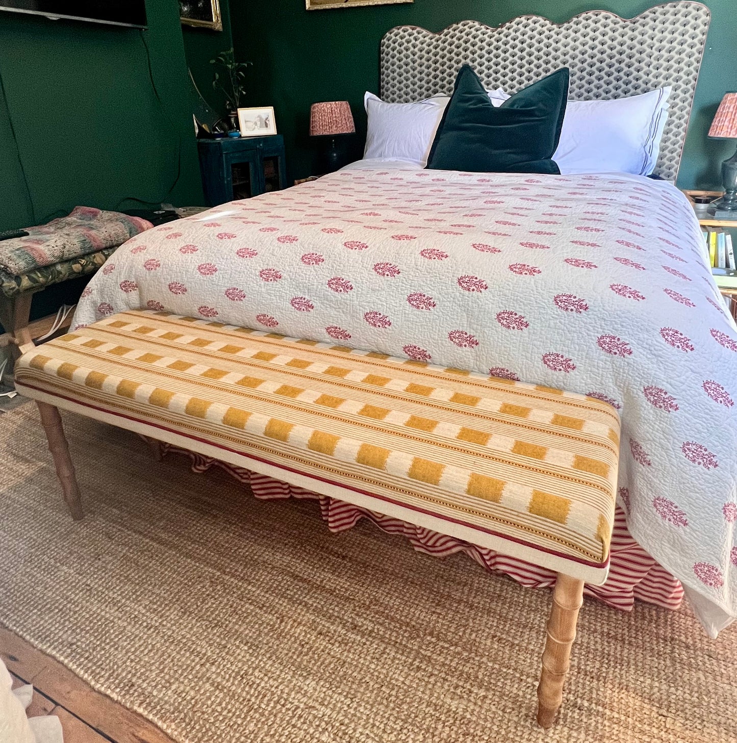 Bespoke Christopher Farr Cloth upholstered bench in “Lost and Found” fabric by Kit Kemp