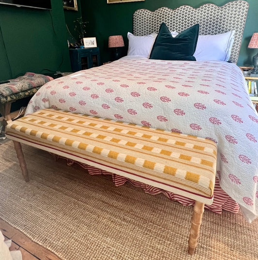 Bespoke Christopher Farr Cloth upholstered bench in “Lost and Found” fabric by Kit Kemp