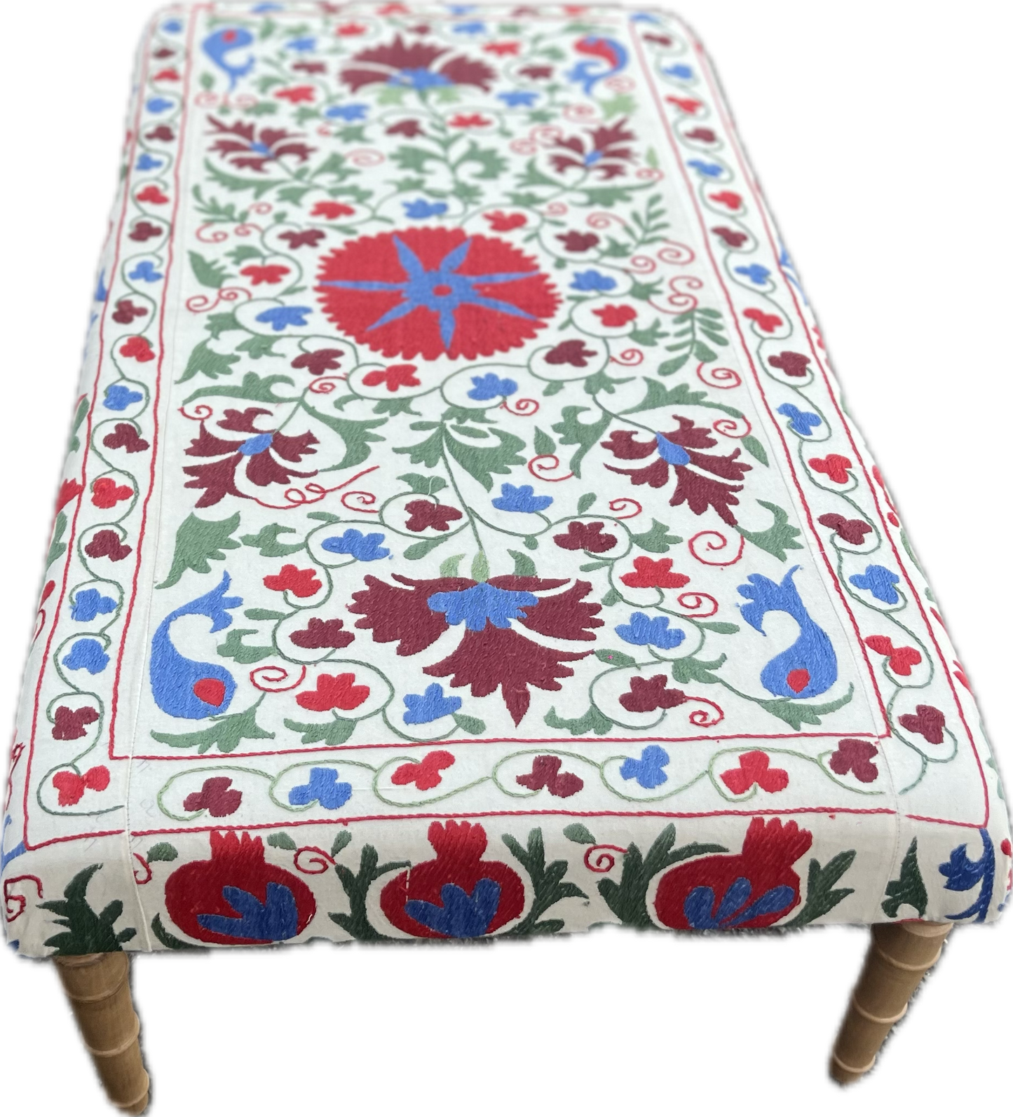 Bespoke Footstool / Ottoman in customers own fabric, custom sizes available and a choice of turned wooden legs