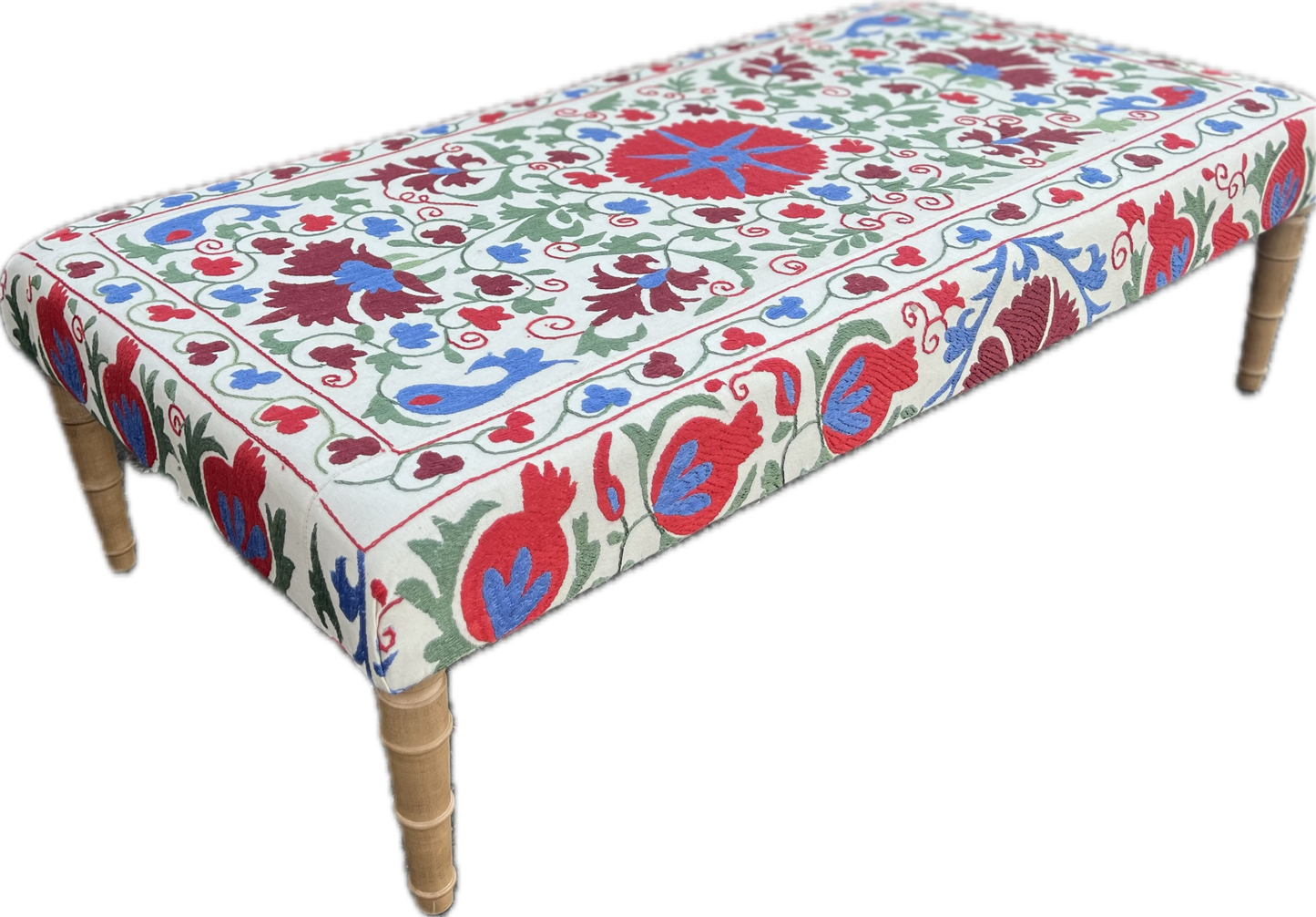 Bespoke Footstool / Ottoman in customers own fabric, custom sizes available and a choice of turned wooden legs