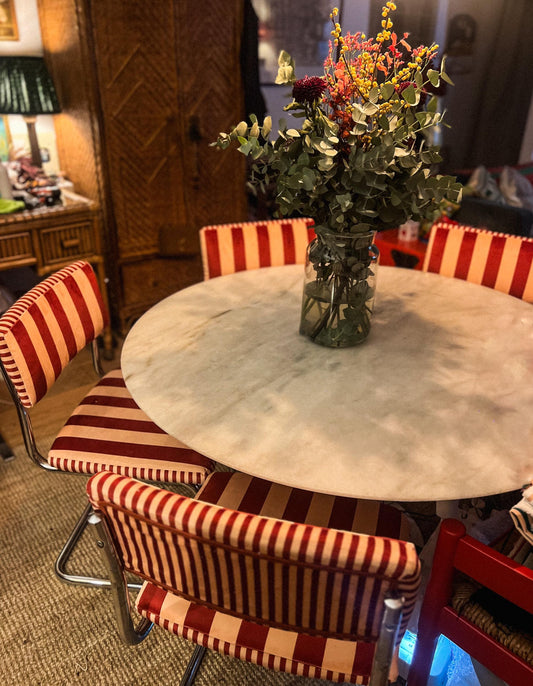 Vintage chrome Cantilever dining chairs c1960s reupholstered in Hackney designer “Colours Of Arley” striped velvet