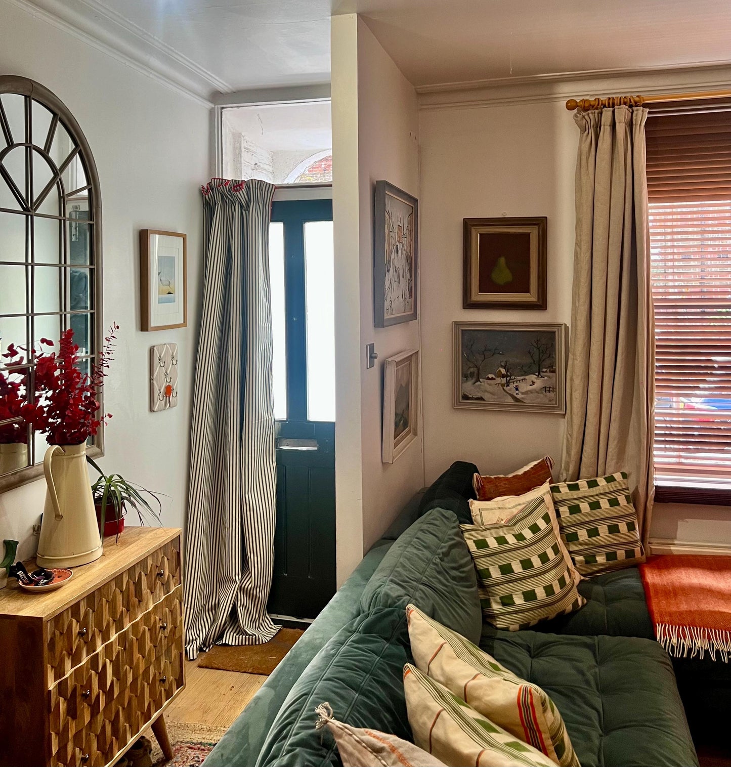 Ticking stripe thermal door curtain fully interlined in a range of colours and sizes