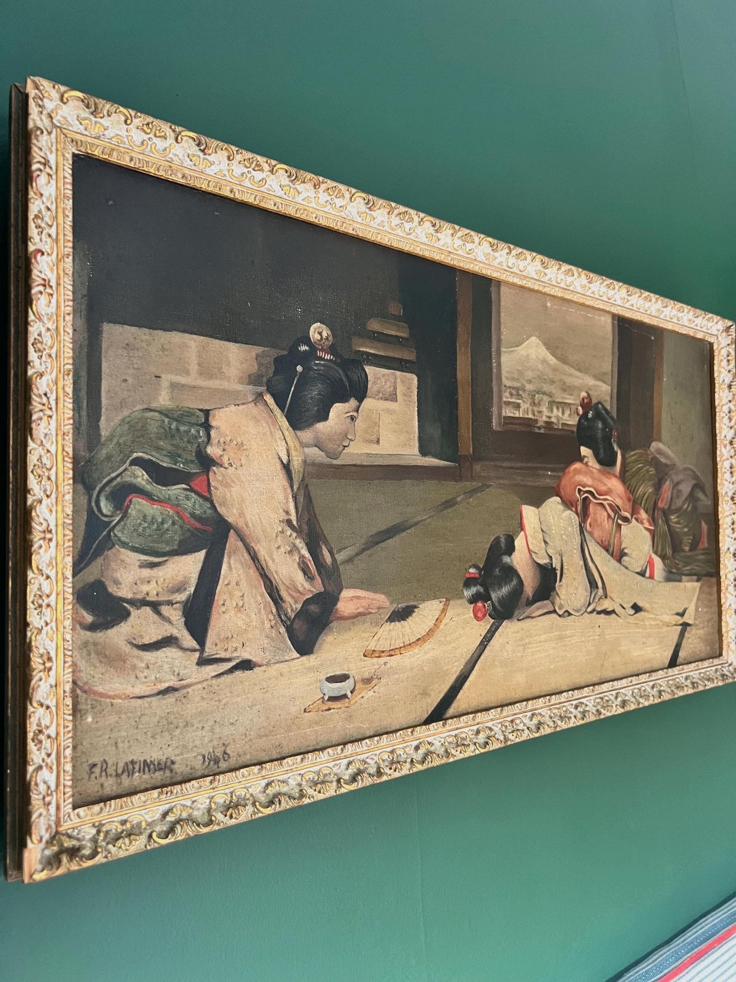 An intriguing Mid-Century oil painting of bowing Geishas by the artist F.R.Latimer signed and dated 1946
