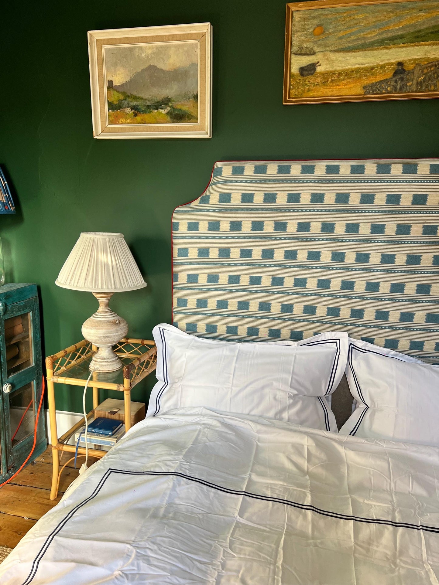 Bespoke Christopher Farr Cloth Lost and Found upholstered floor-standing headboard with piping in a range of shapes and colours