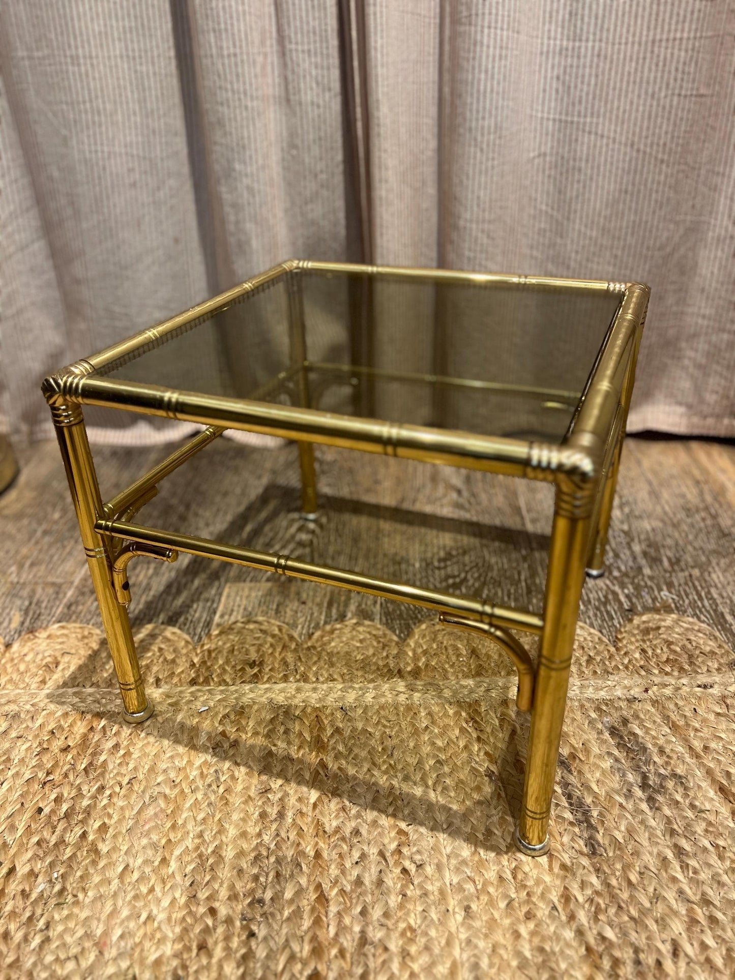 Hollywood Regency style faux bamboo brass side table with smoky glass top