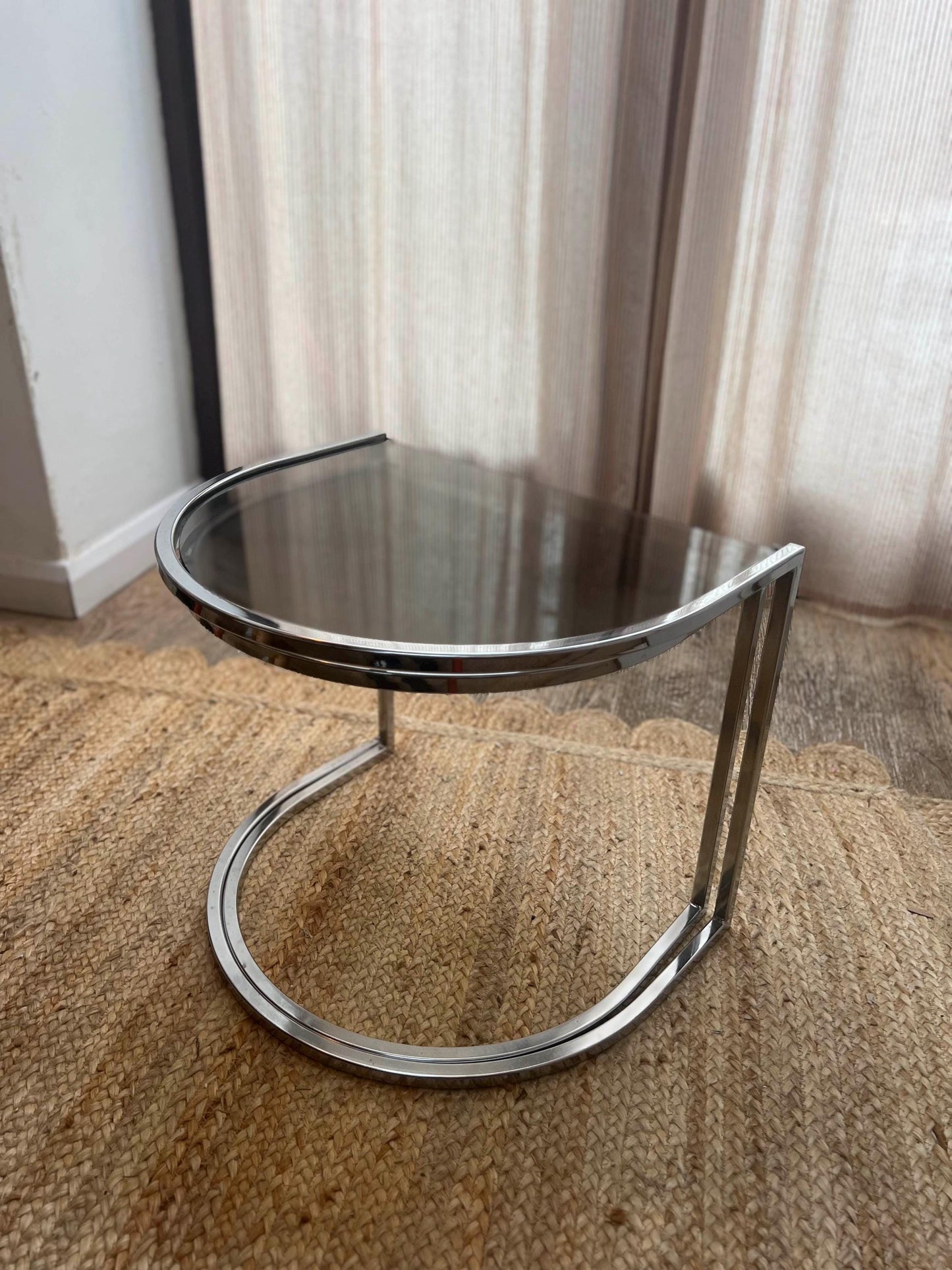 c1970s Vico Magistretti Half Moon Chrome and Smoked Glass Nest of Tables.