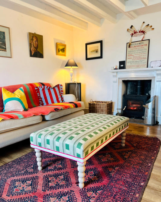 Bespoke Christopher Farr Cloth piped ottoman footstool in "Lost and Found" fabric by Kit Kemp