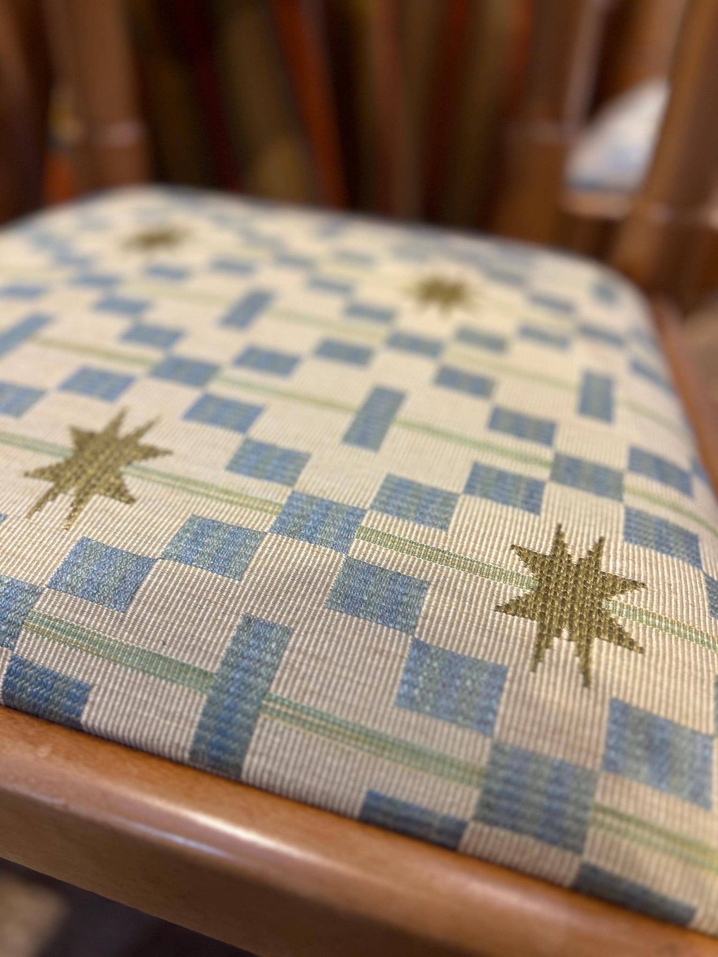 Vico Magistretti Carimate chair c1960s, upholstered in striking Studio Ashby Afua