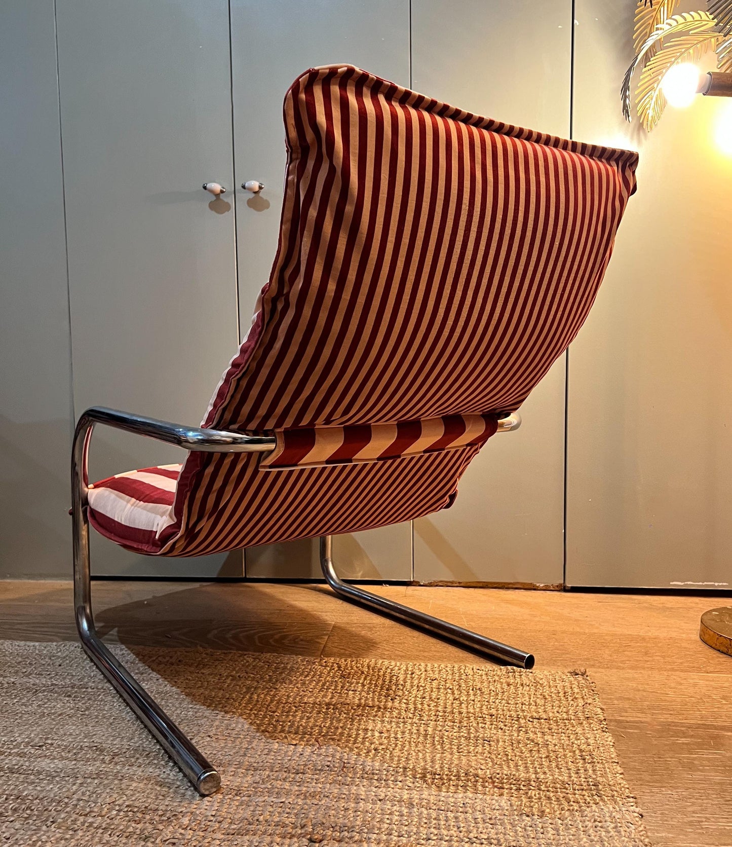 Vintage c1970s chrome armchair newly reupholstered in Colours Of Arly Striped velvet in maroon and Alderley Edge