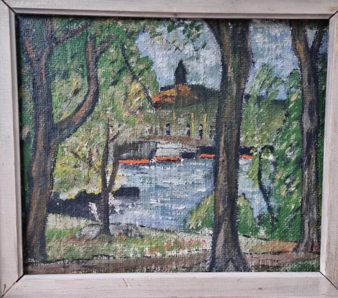 Stunning antique oil painting Park Landscape with a Pond by Swedish artist, 1940