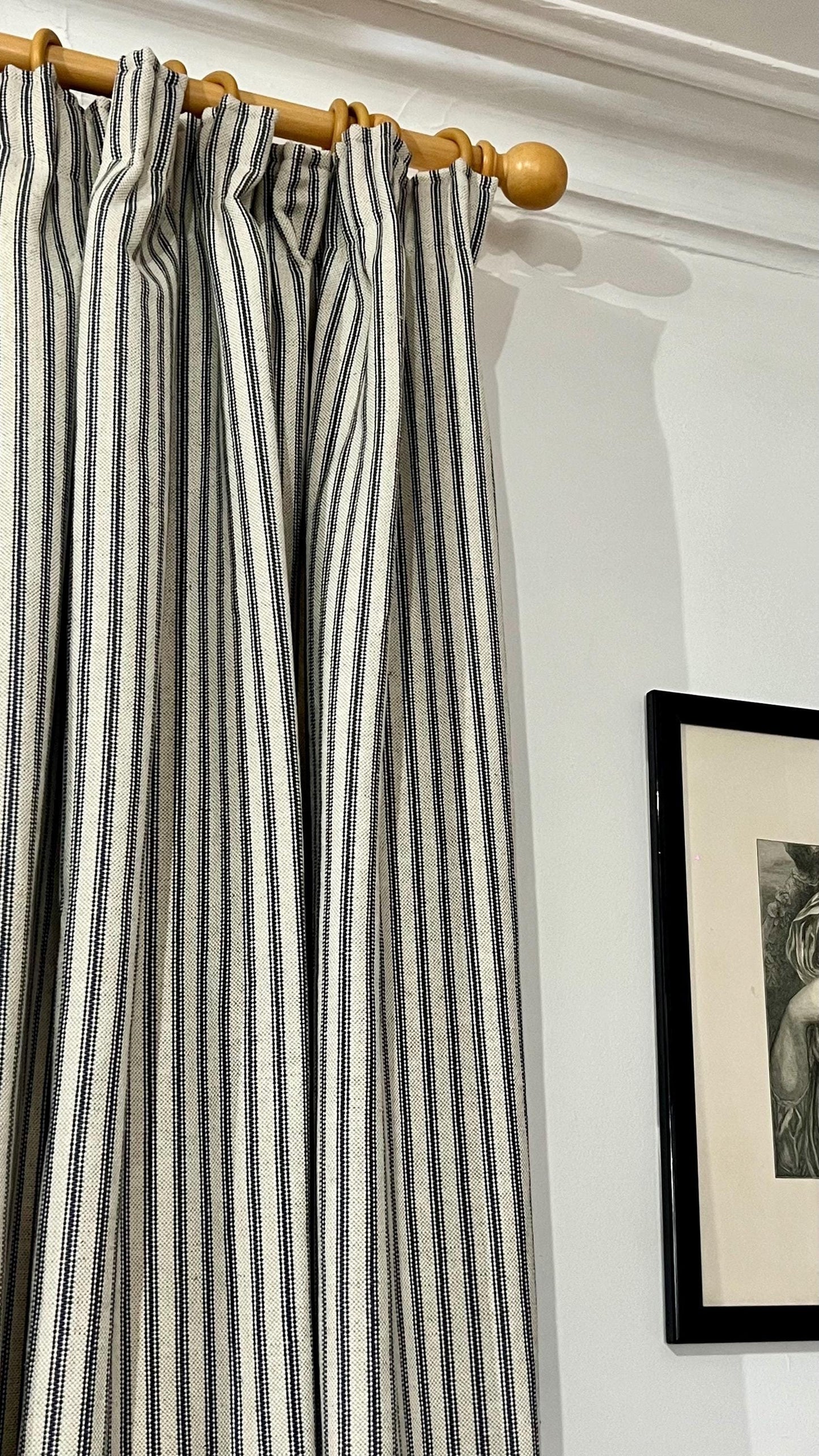 Woven Ticking stripe curtains, heavy weight fabric, fully interlined and made to order