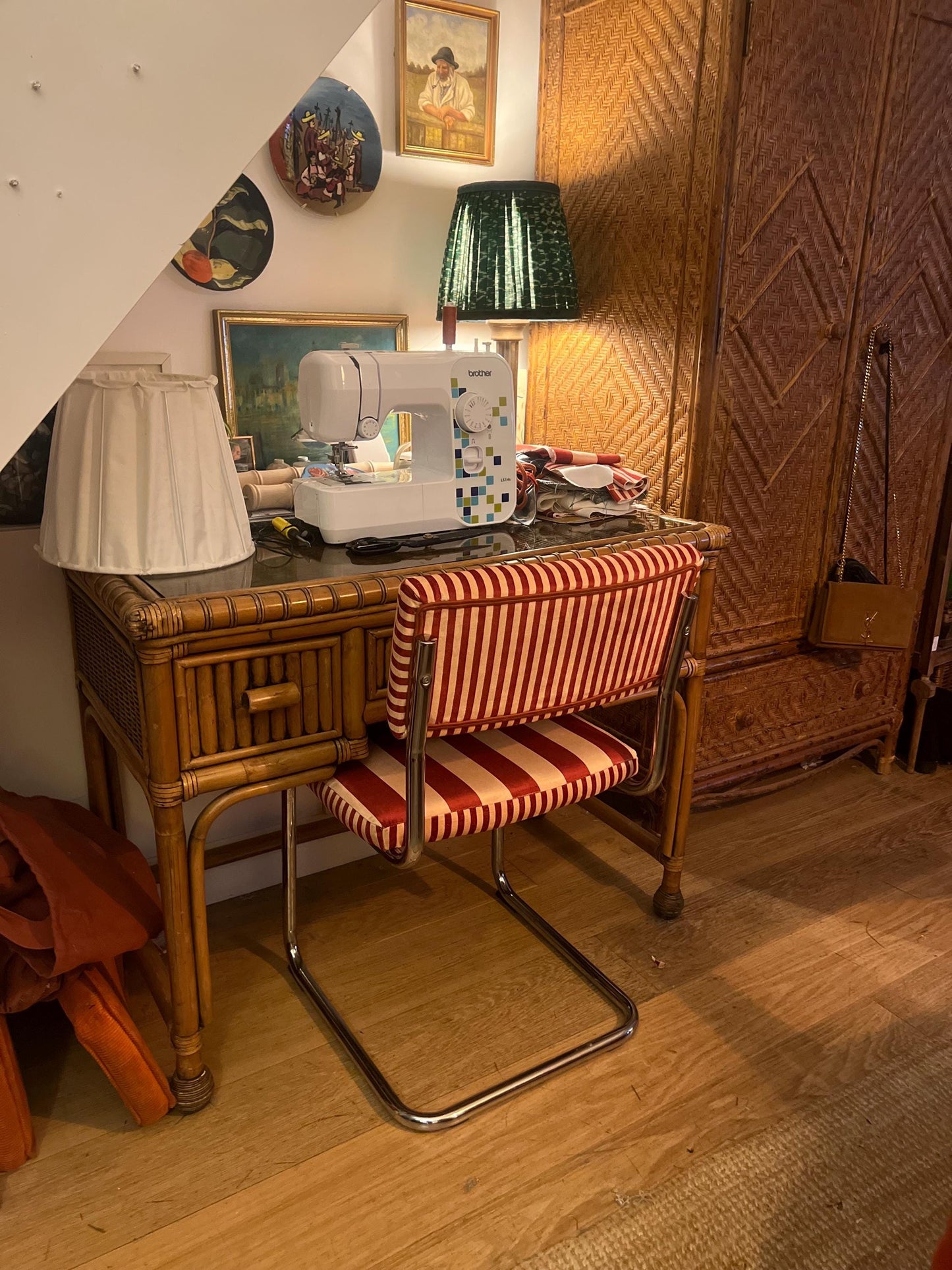 Vintage chrome Cantilever dining chairs c1960s reupholstered in Hackney designer “Colours Of Arley” striped velvet