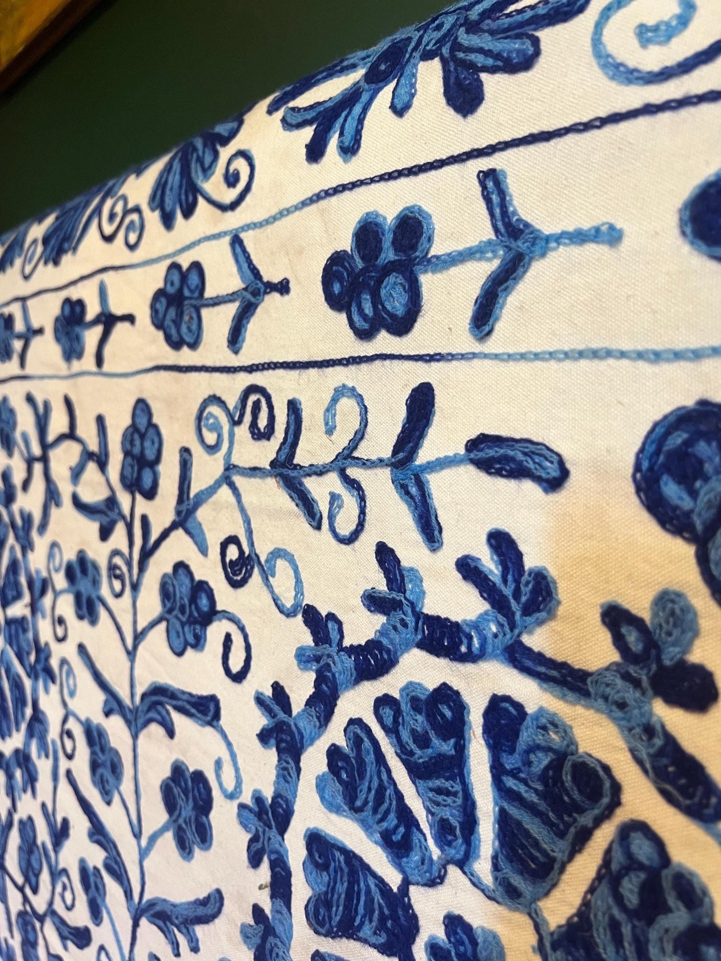Bespoke hand-embroidered cotton Suzani upholstered headboard in a range of sizes, shapes and colours