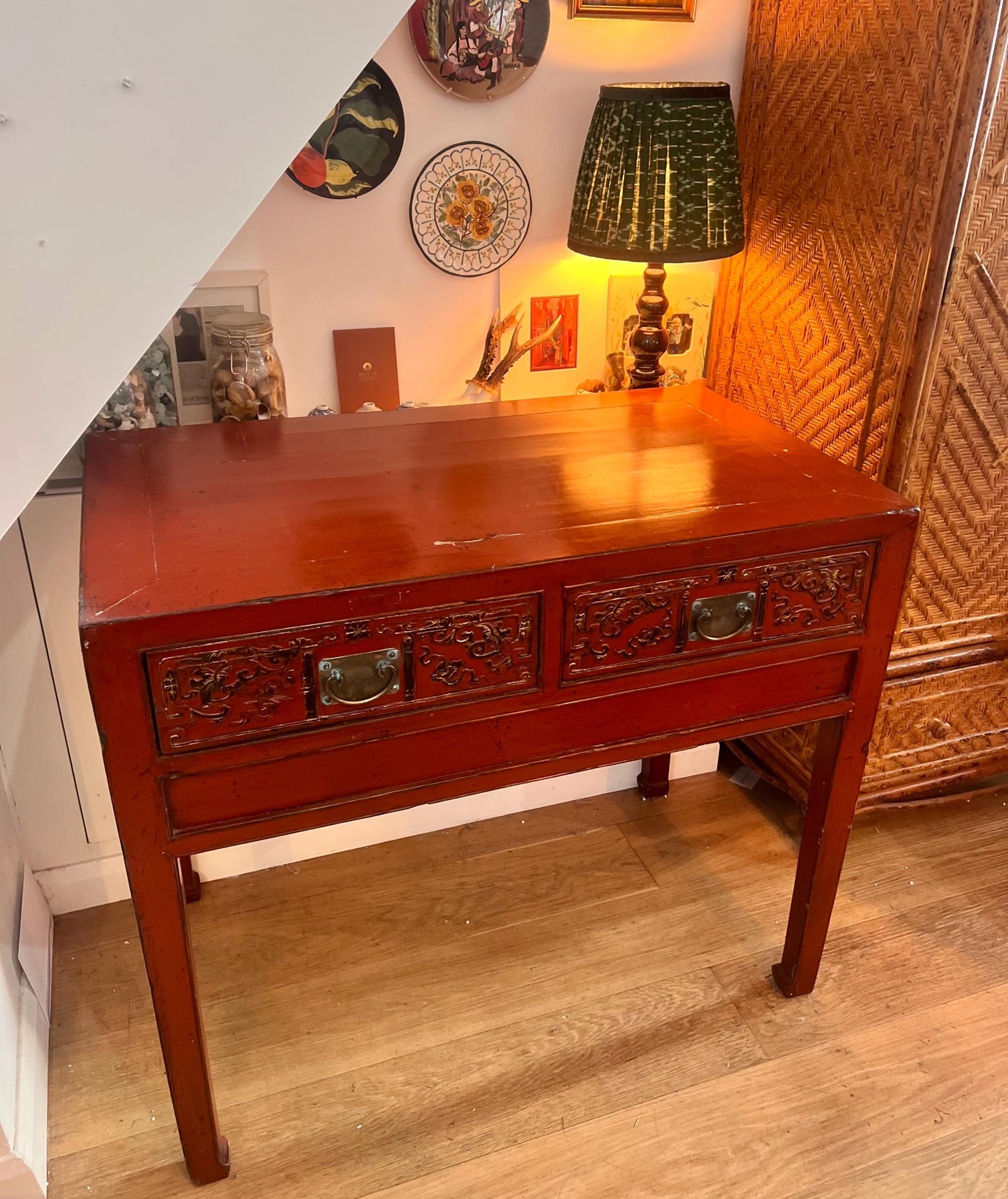 Stunning vintage oriental burnt orange lacquered console table with two drawers