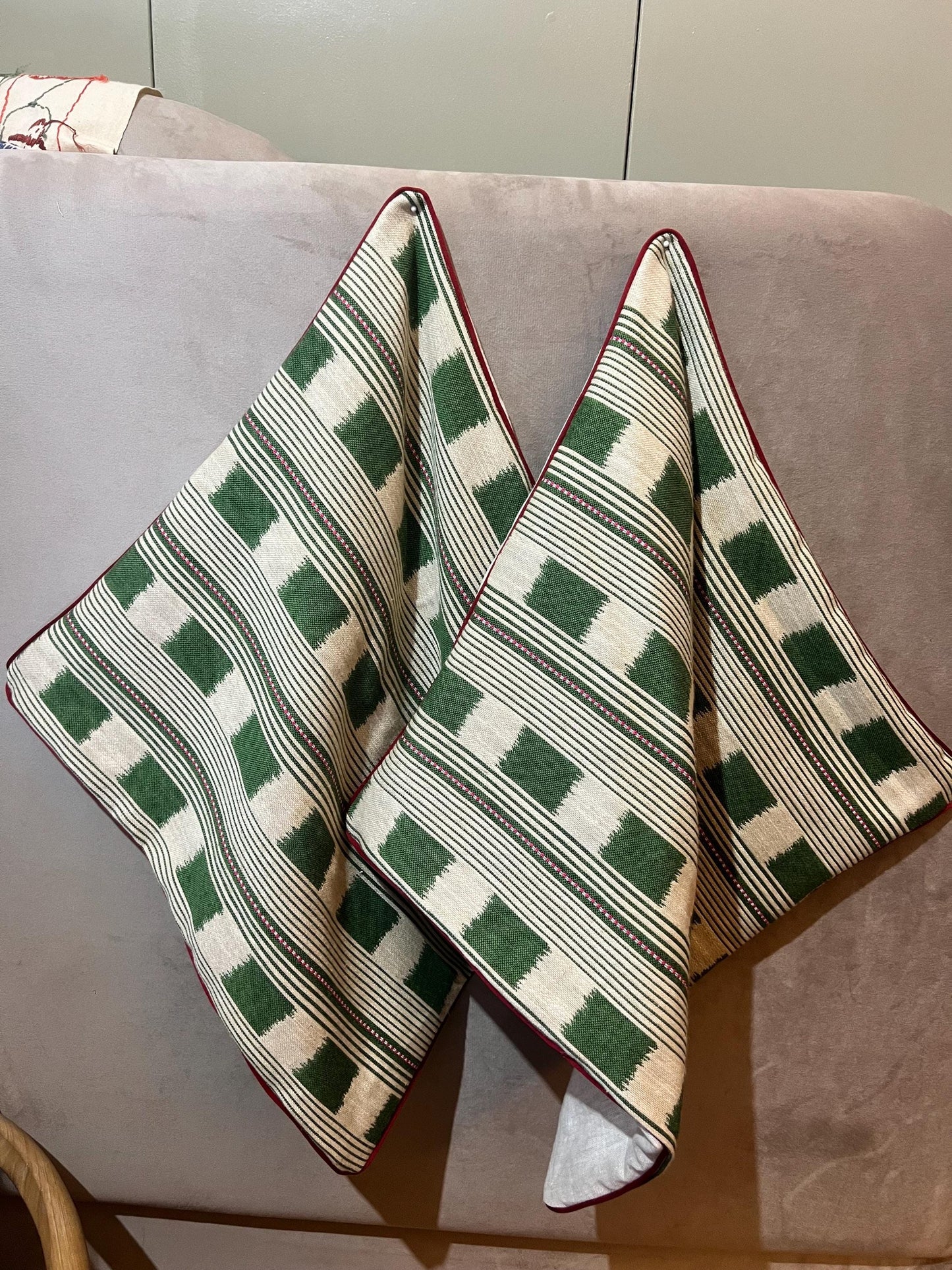 Handmade piped cushions in Christopher Farr Cloth Lost and Found by Kit Kemp