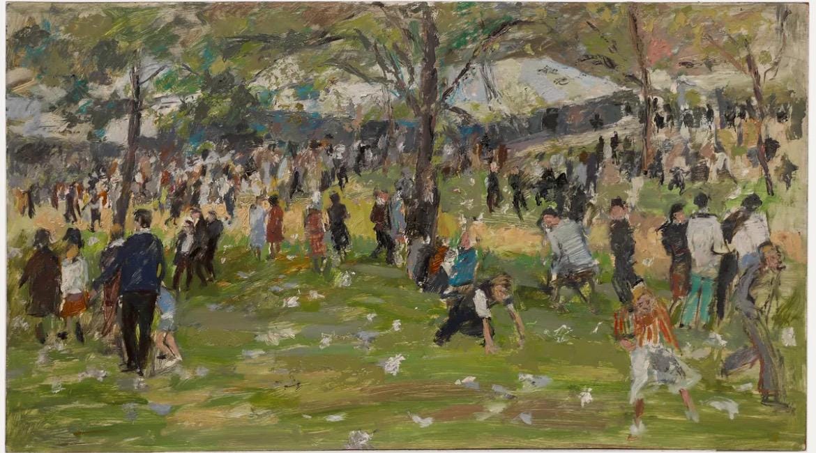 Large Mid-century Oil on board, “A Day in the Park” by British Artist Simon Goldberg (1916-2002)