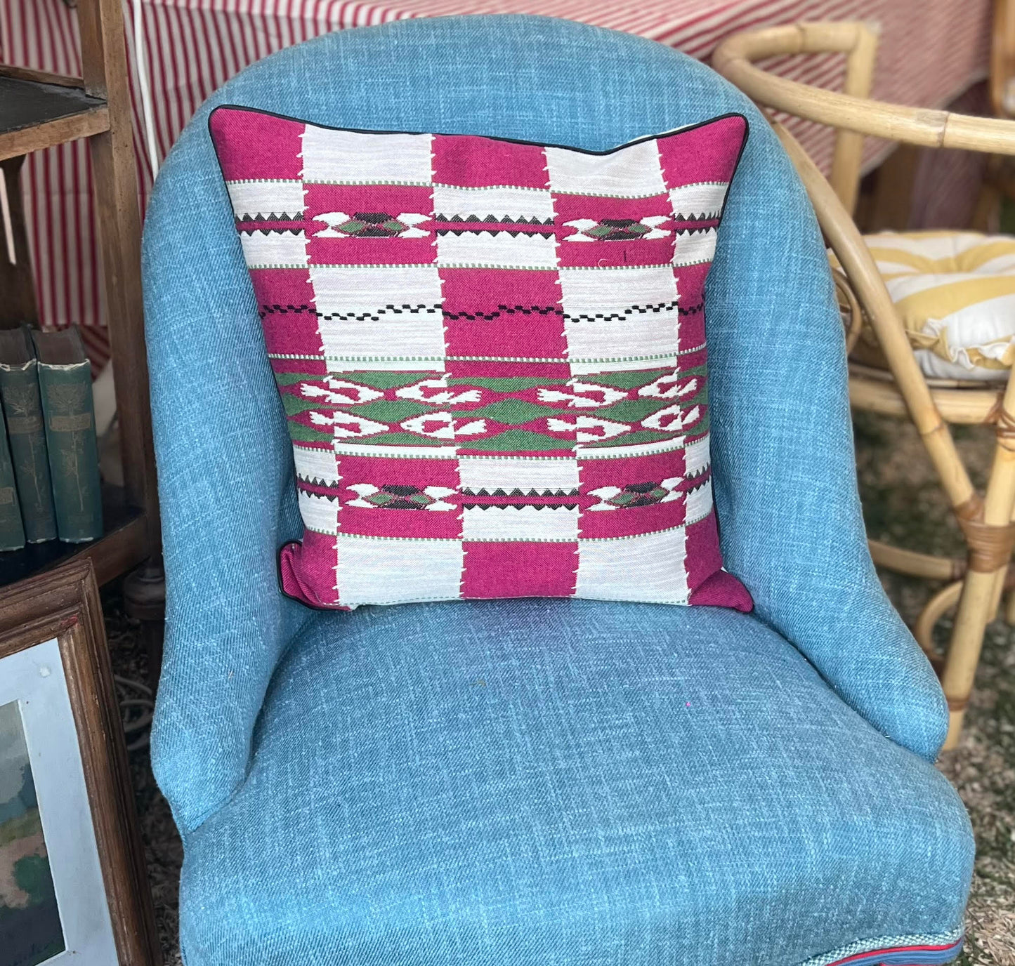 Handmade piped cushions in Christopher Farr Cloth Chubby Check by Kit Kemp
