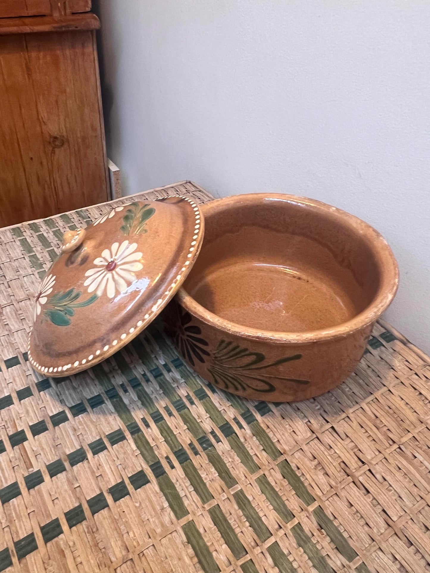 Charming vintage hand painted glazed casserole pot originating from South of France